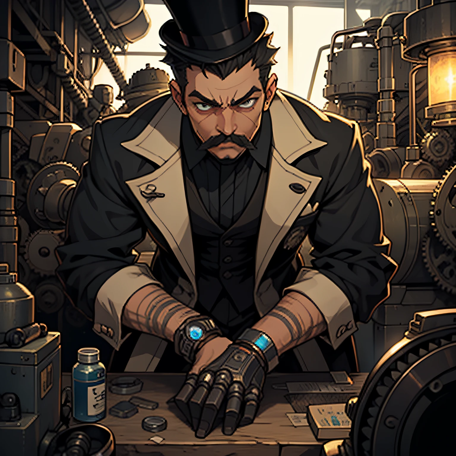 homem , corte de cabelo preto, top hat on the head, engrenagens, robotic eye, bigode preto, Gauntlet in hand, bottom of machines and gears, anime