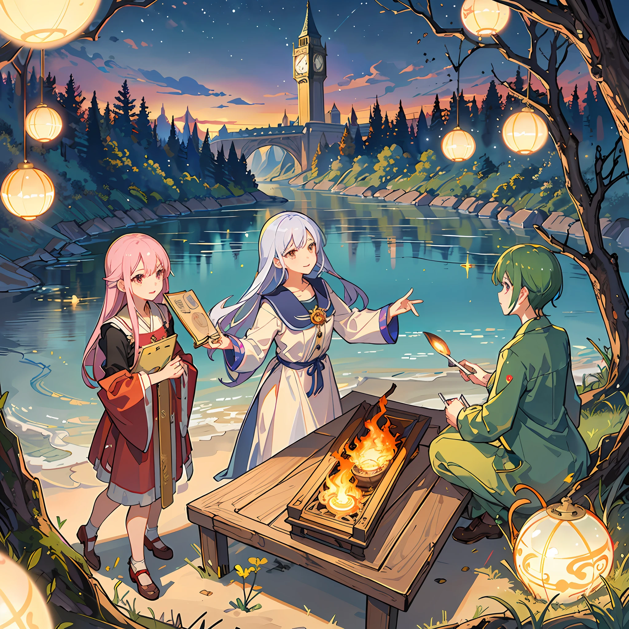 best qualitiy、masterspiece、The highly detailed、detailed backgorund、アニメ、Magical world、flame magic、water magic、The magic of trees、light magic、Dark Magic、A world of five magics mixed、１Man's Apprentice Magical Girl、5 Magic Casting Poses、Huge clock tower in the background、Floating clock tower、night landscape、Small cute spirits（flames、The tree、waters、Lumiere、yami）is conversing near the girl