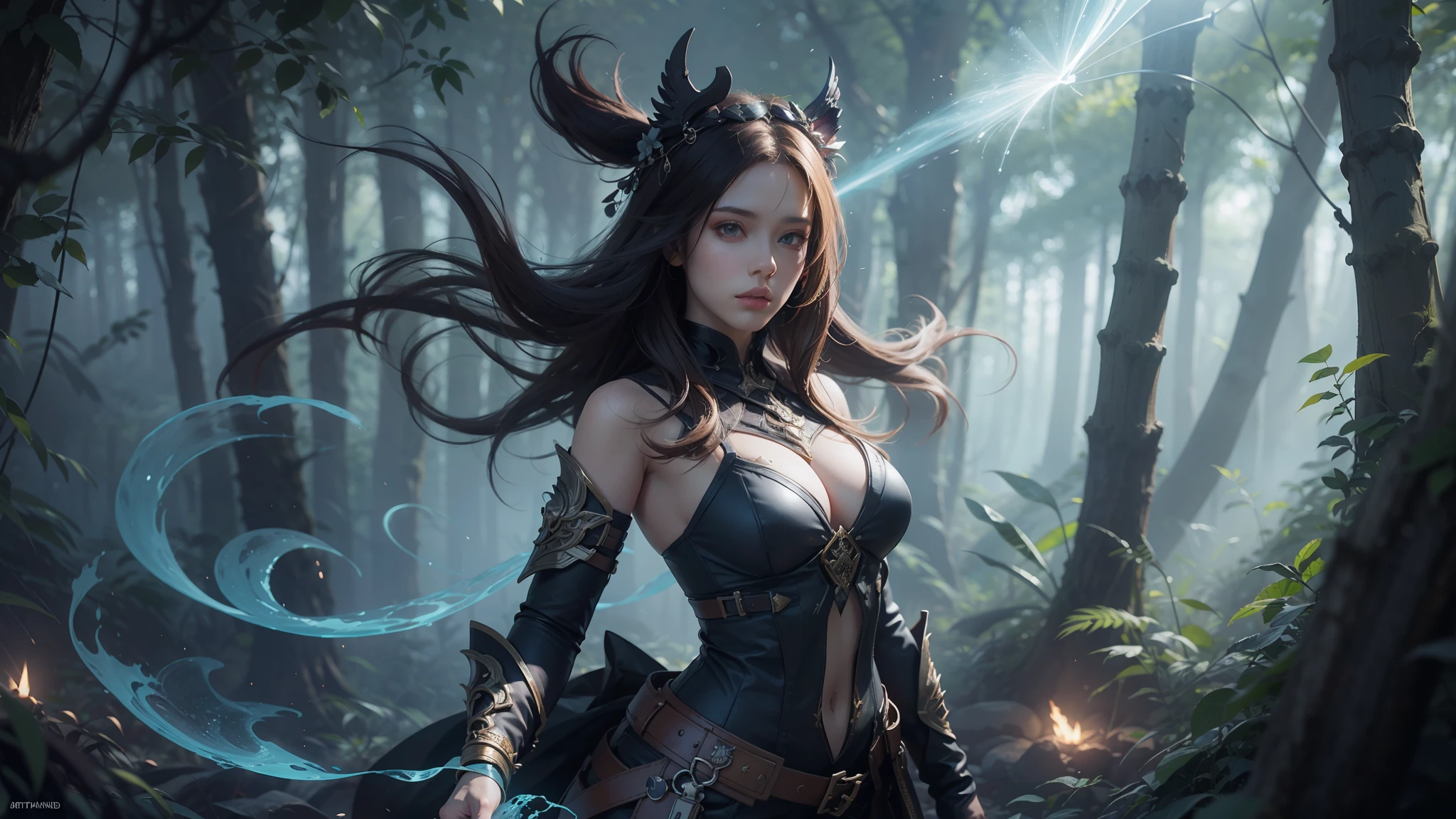 （Digital artwork：1.3）（a sketch：1.1）Octane renders a mysterious dense forest，enchanter，Beauty stands in a complex aura of magic，There are super complex runes in the aura，Shoot at 8K resolution，Gasoline liquid，muted colors，A Splash Art，Blue and purple magic universe，Lithography in intricate details，（Light particles：1.2），（game concept：1.3），（depthoffield:1.3),Global illumination,well detailed,Trends on ArtStation