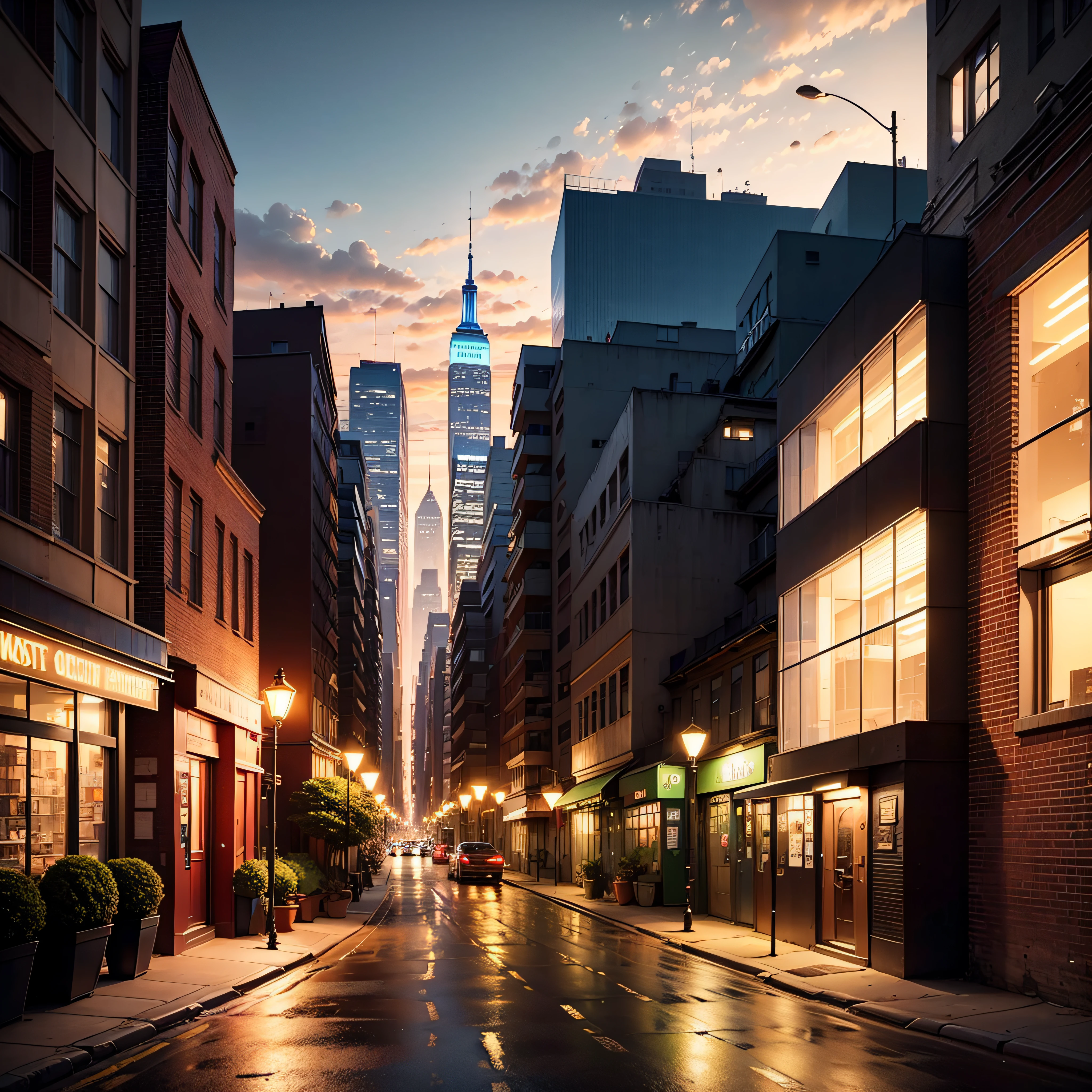 杰作,best possible quality,Pure scenery,Without people,No man's street,Illuminated street,Wide-Angle,Great view,Positive perspective,symetrical,warm colours,sun set,dusk,early evening,nyc,Illuminated streets,view from distance,backgrounds,Bustling metropolis,Modernized,ferroconcrete,warm lights,lamplight,residential,Both sides of the road are lit high-rise complexes,Bustling