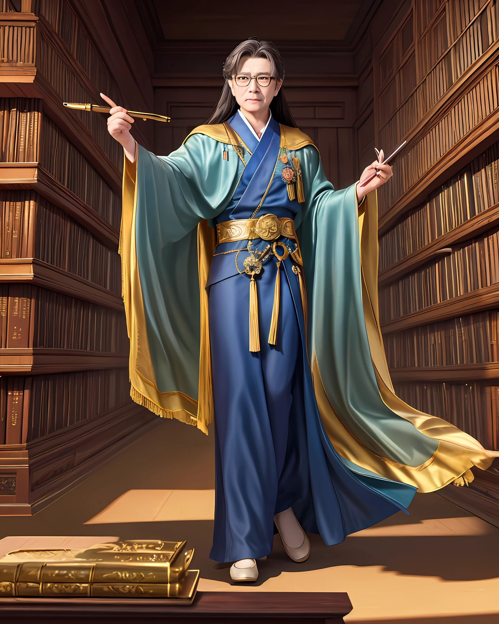 A learned old man,(noble),(Stalwart),graceful and dignified,Smart face,(Robe),Old nerd,Clear eyes,(Long hair with a shawl),Be courteous and courteous,(Gold wire glasses)Show off the magnanimity,(The hand holding the pen),(Four treasures of the literary room),(University Library),Classical style,Line tradition。 --ar 9:16 --v 5.2