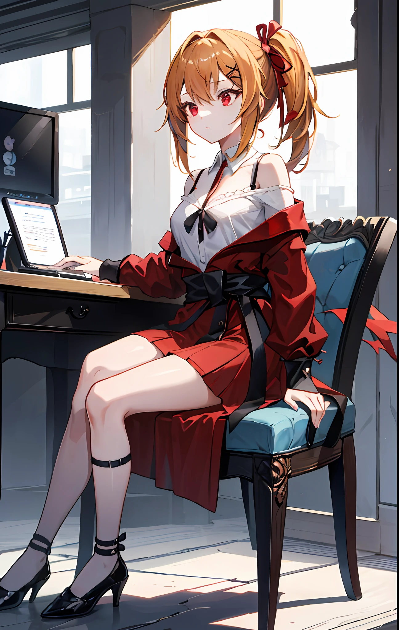 "Fluffy off-shoulder clothes around her waist, sitting gracefully with red eyes - One girl embodies a masterpiece. Best quality guaranteed."