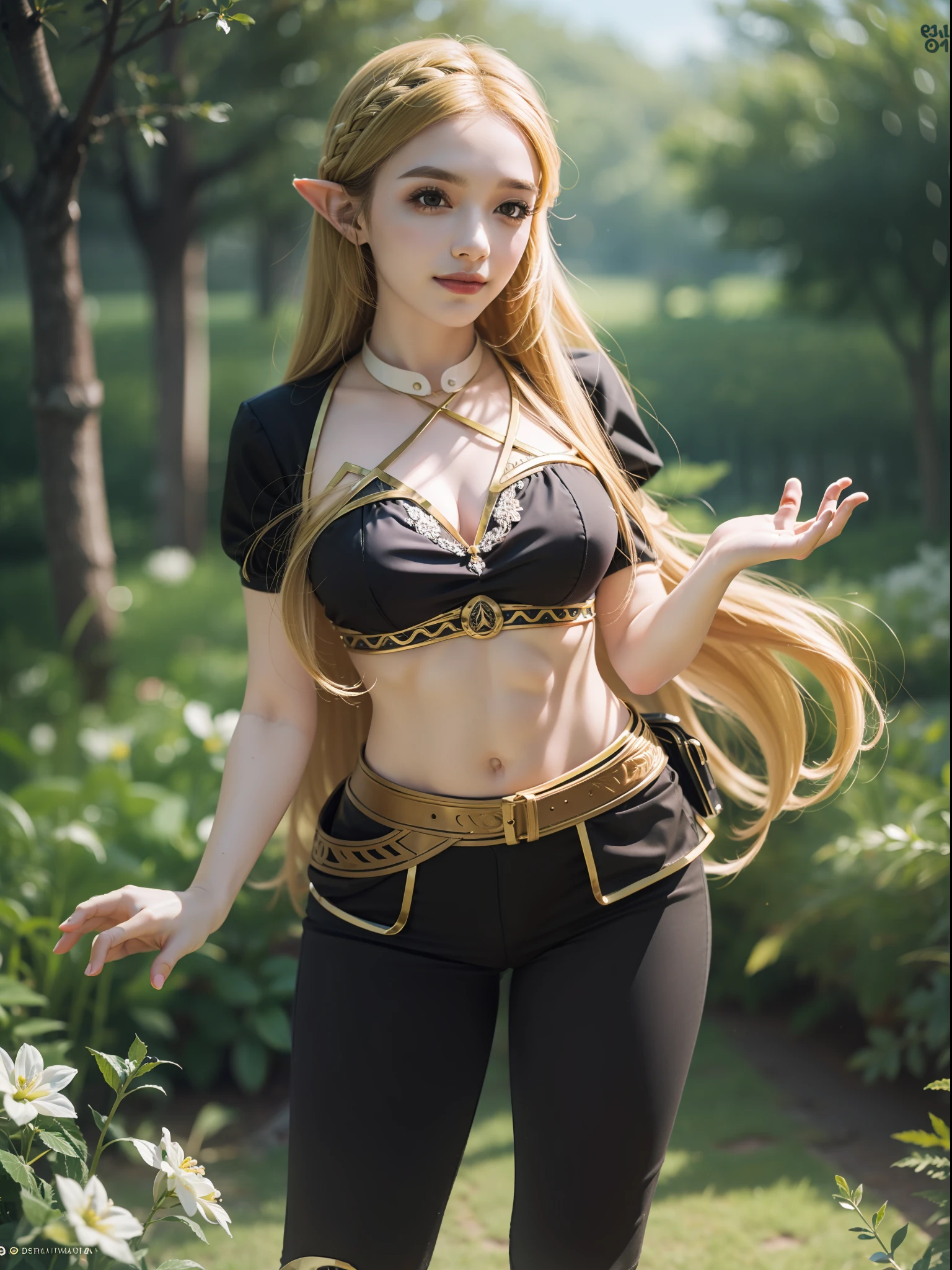 princess zelda, botw, black pants, 1girl, (blonde long hair:1.5), beautifull expression, beautifull eyes, medium breasts, smile, cute, looking at viewer, long hair, (breast focus: 1.2), (realistic: 1.2), (full body: 1.5), (far view: 1.2), (realism), (masterpiece: 1.2), (best quality), (ultra detailed), (8k, 4k, intricate), (85mm), light particles, lighting, (highly detailed: 1.2), (detailed face: 1.2), (gradients), sfw, colorful, (detailed eyes: 1.2), (detailed garden with flowers: 1.2), (detailed background), (dynamic angle: 1.2), (dynamic pose:1.2), (rule of third_composition: 1.3), (Line of action: 1.2), wide shot, daylight, solo.