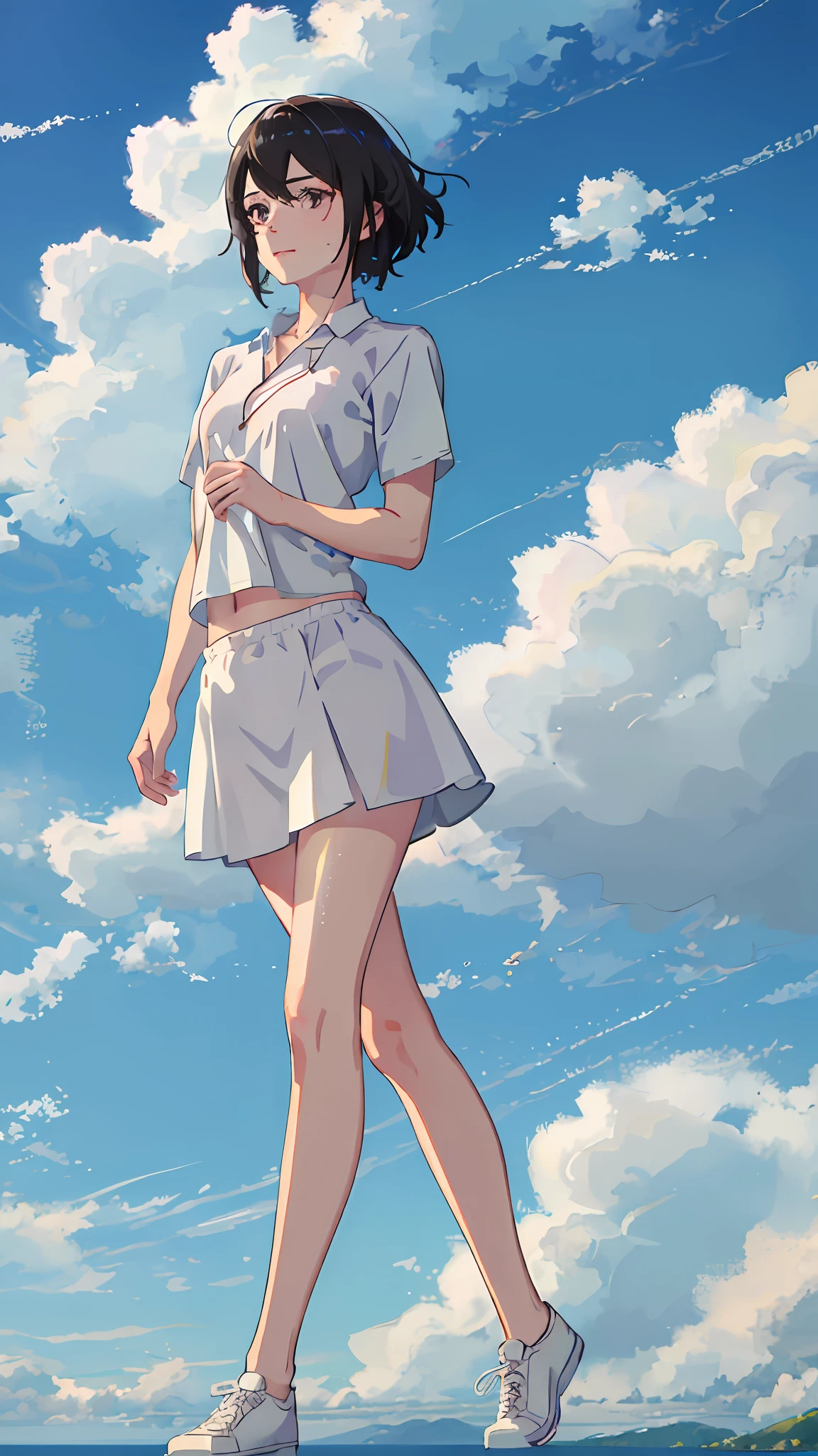 1girls, 独奏, White polo shirt, White sneakers, white mini skirt, 杰作, best possible quality, 逼真, Ultra detailded, (shiny skins, sweats:1.4), absurdly, looking at the spectator, with short black hair, brown-eyed,Slender,Dynamic light and shadow,high resolusion,Sharp focus,deep of field,The eyes are delicate,Sharp pupils,pupil realistic,(little chest:1.6),(thickthighs:1.0),al fresco,skies,Pure,Ancient wind,ultradetail,Dress conservatively