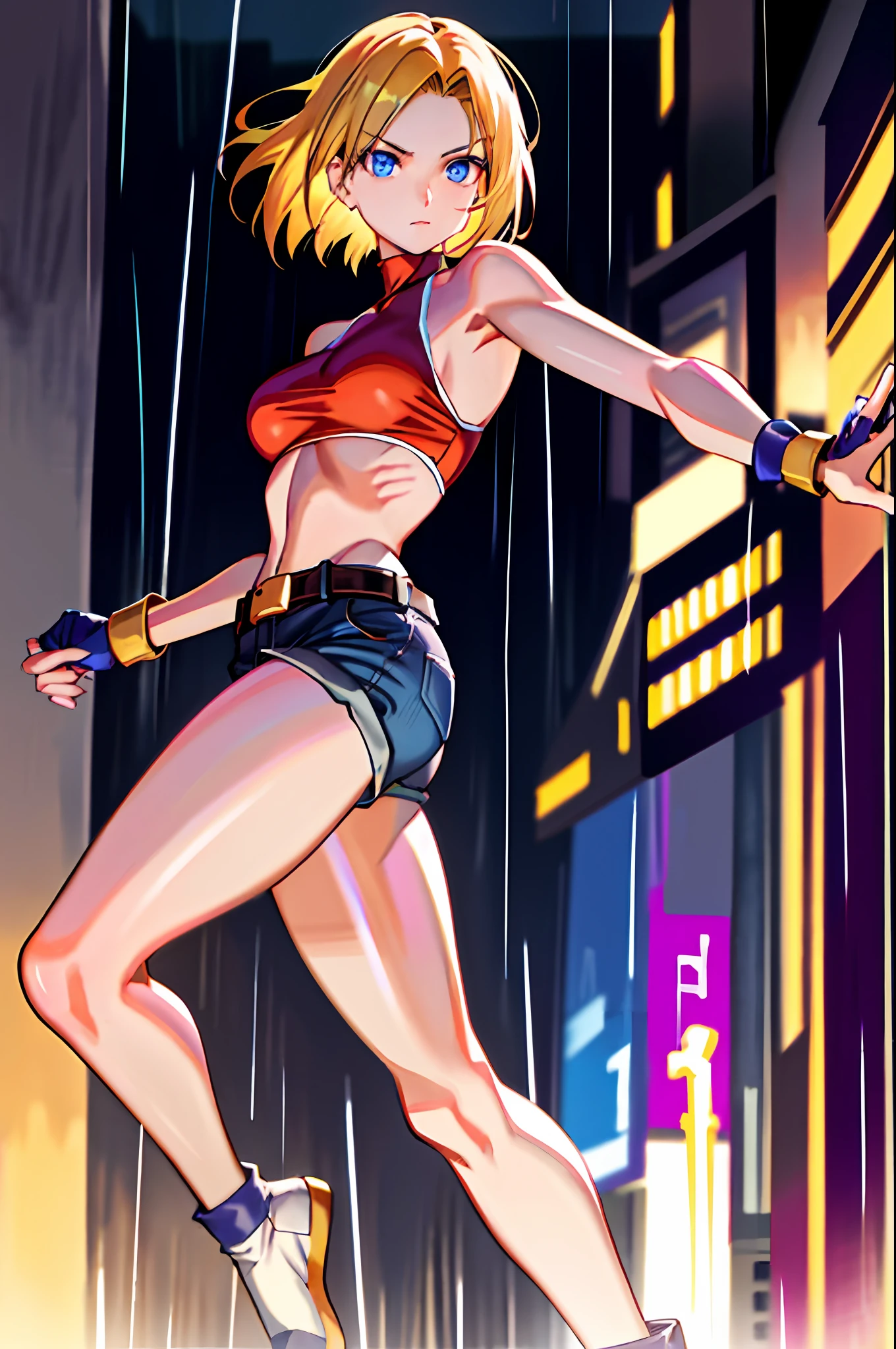 maryms, best quality, (beauty), masterpiece, 1 girl, render based on physics, ultra highres, narrow waist, thin, big eyes, long legs, (small breasts), swollen eyes, night, (rainy city), bright skin, facing the viewer, fighting posture, (close the fist), firm expression,
