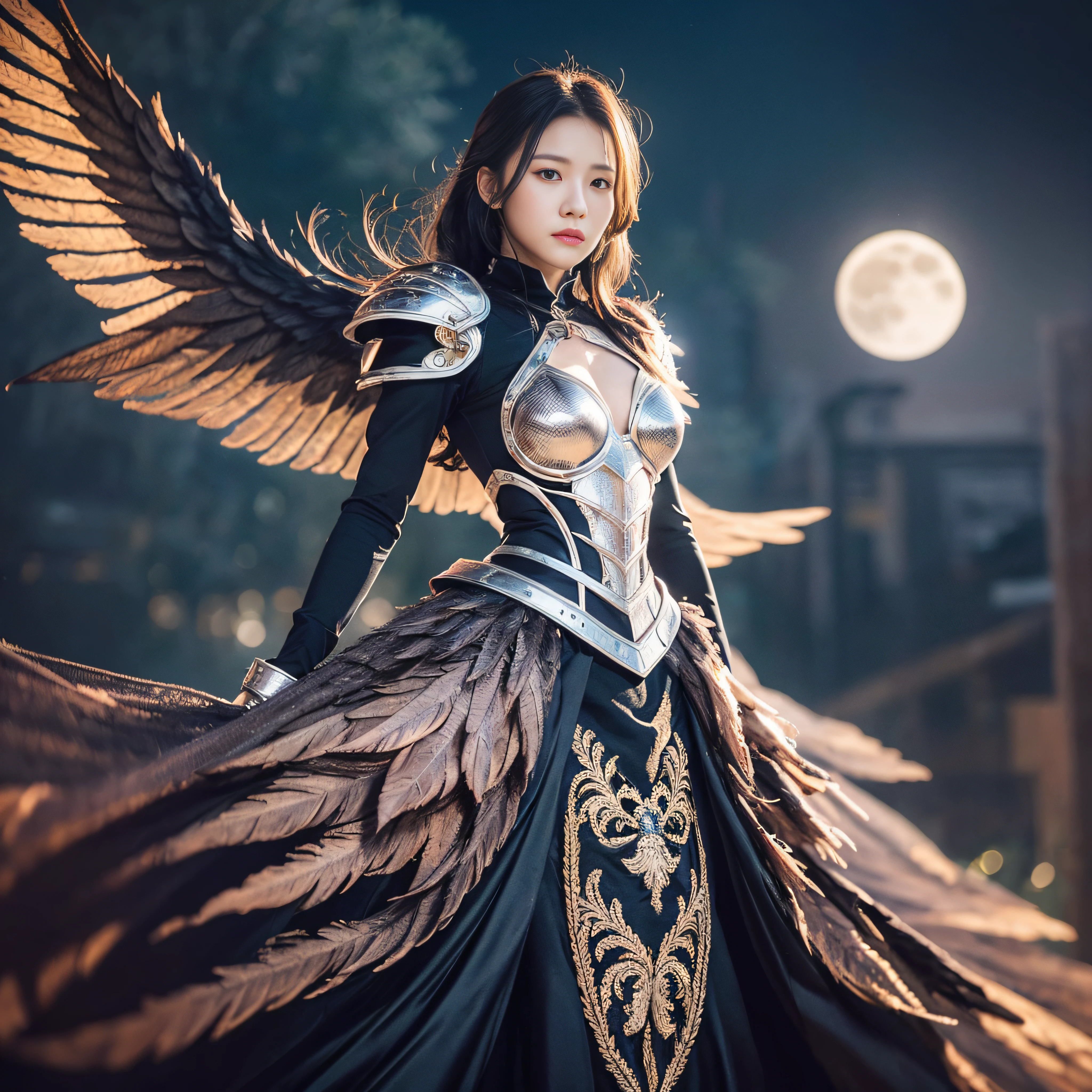 (8K, Best Quality, Masterpiece, Ultra High Definition, High Definition Face: 1.3), (highly detailed), Portrait, (20-year-old girl: 1.3), Beautiful, Cute, Bokeh, (full body shot: 1.3), 1 beautiful woman, Poker face, cinematic light, full moon light, dense fog, Photos with clear shadows, fluttering hair,
8 life size, big raven wings, multiple wings, beautiful woman in armored dress, crossed arms, background night sky,
flying in the sky