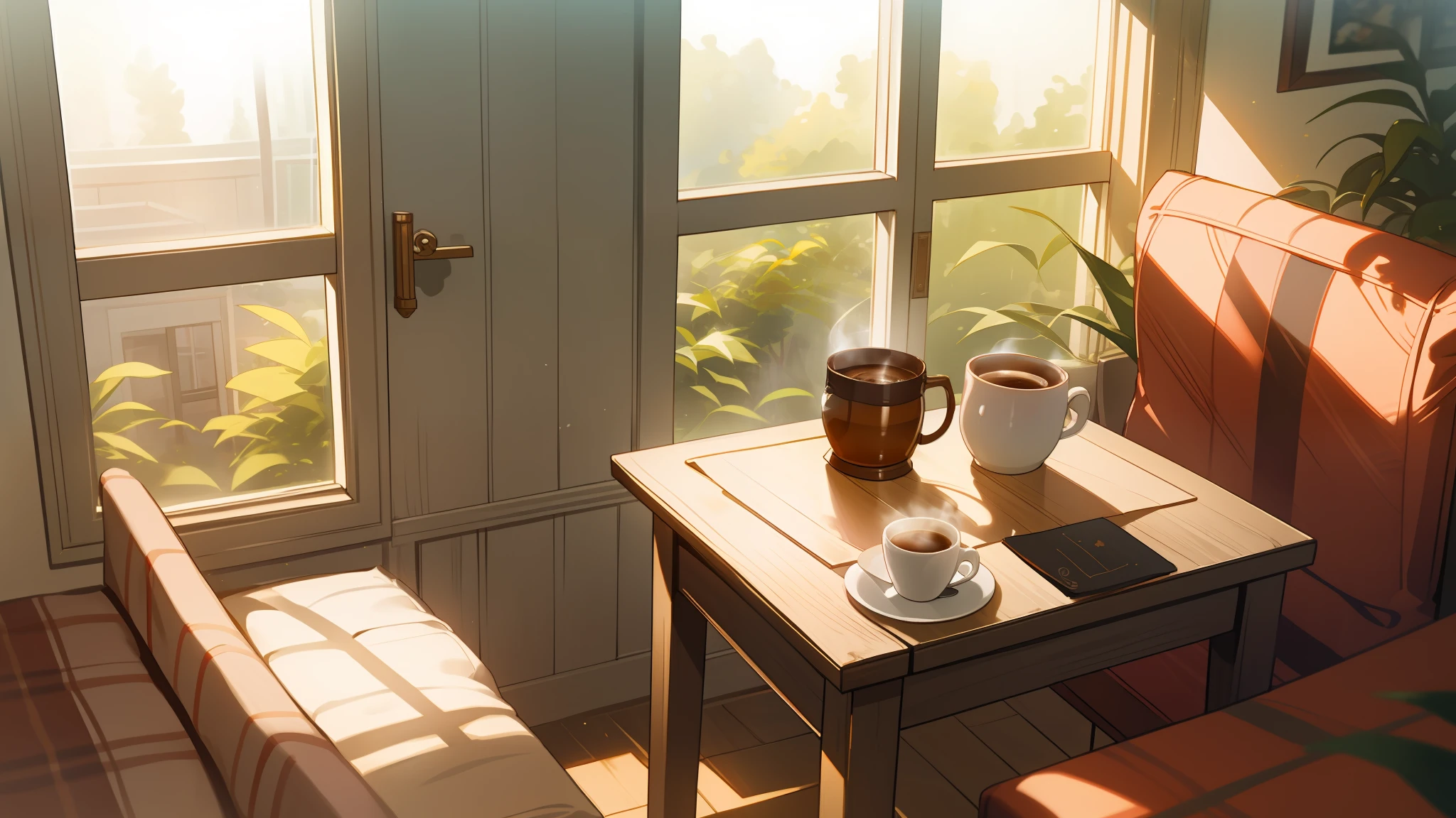Calm and homely atmosphere in a cozy café, gentle sunlight peeking through the window, hot coffee aroma, a peaceful environment perfect for relaxation and restful sleep, with a small serene store in the corner, evoking a sense of tranquility and contentment.