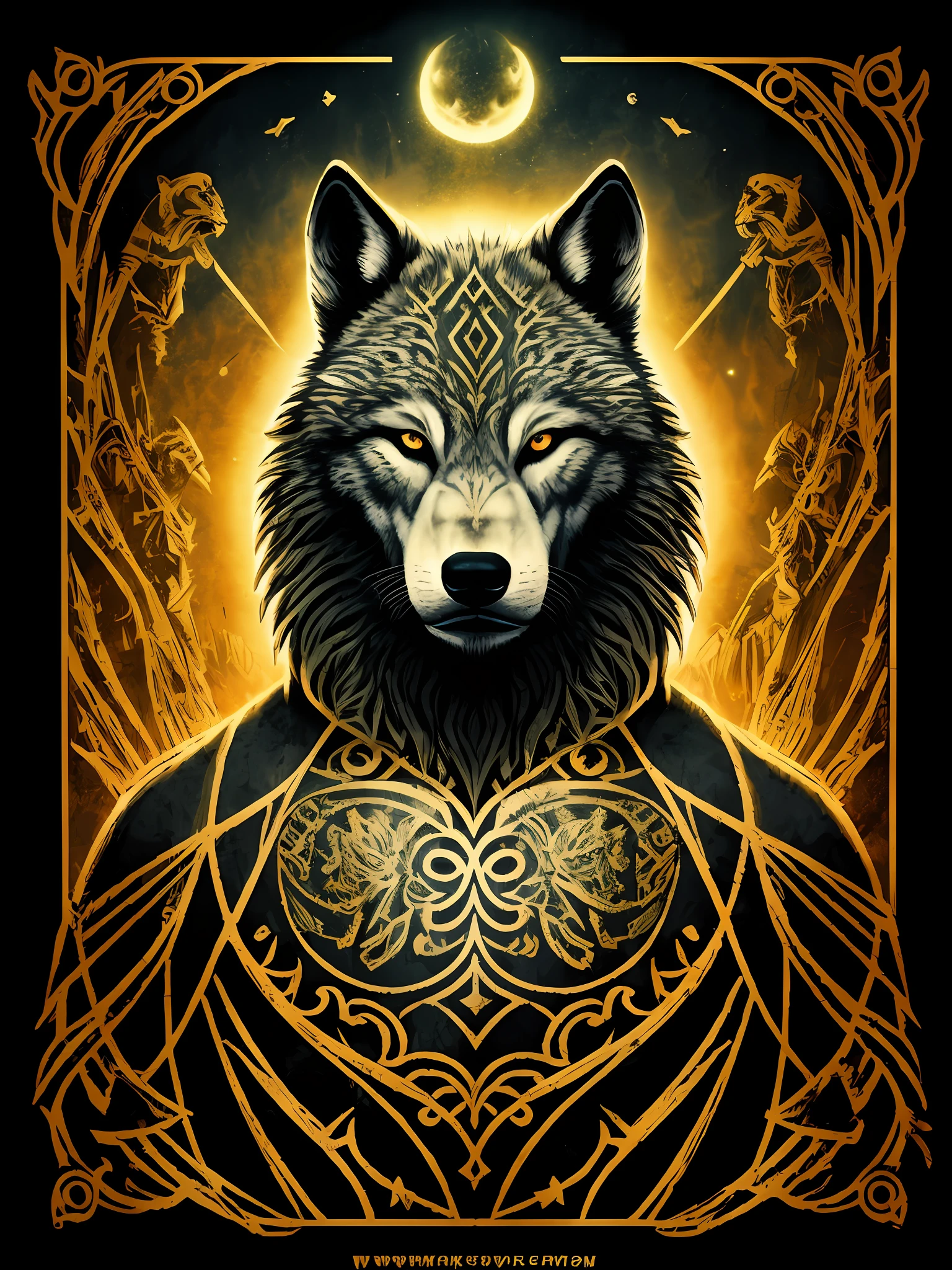 Best Quality, Masterpiece, wolfs, werewolf man、goddesses, Dark background,