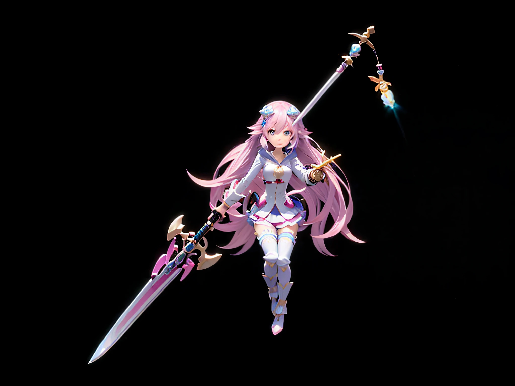 a close up of a person holding a sword and a sword, shining pink armor, humanoid pink female squid girl, render of mirabel madrigal, streamlined pink armor, 3 d render official art, Ayaka Genshin impact, Katana Zero video game character, knights of zodiac girl, jrpg character, pudica pose, Madoka Magica --auto