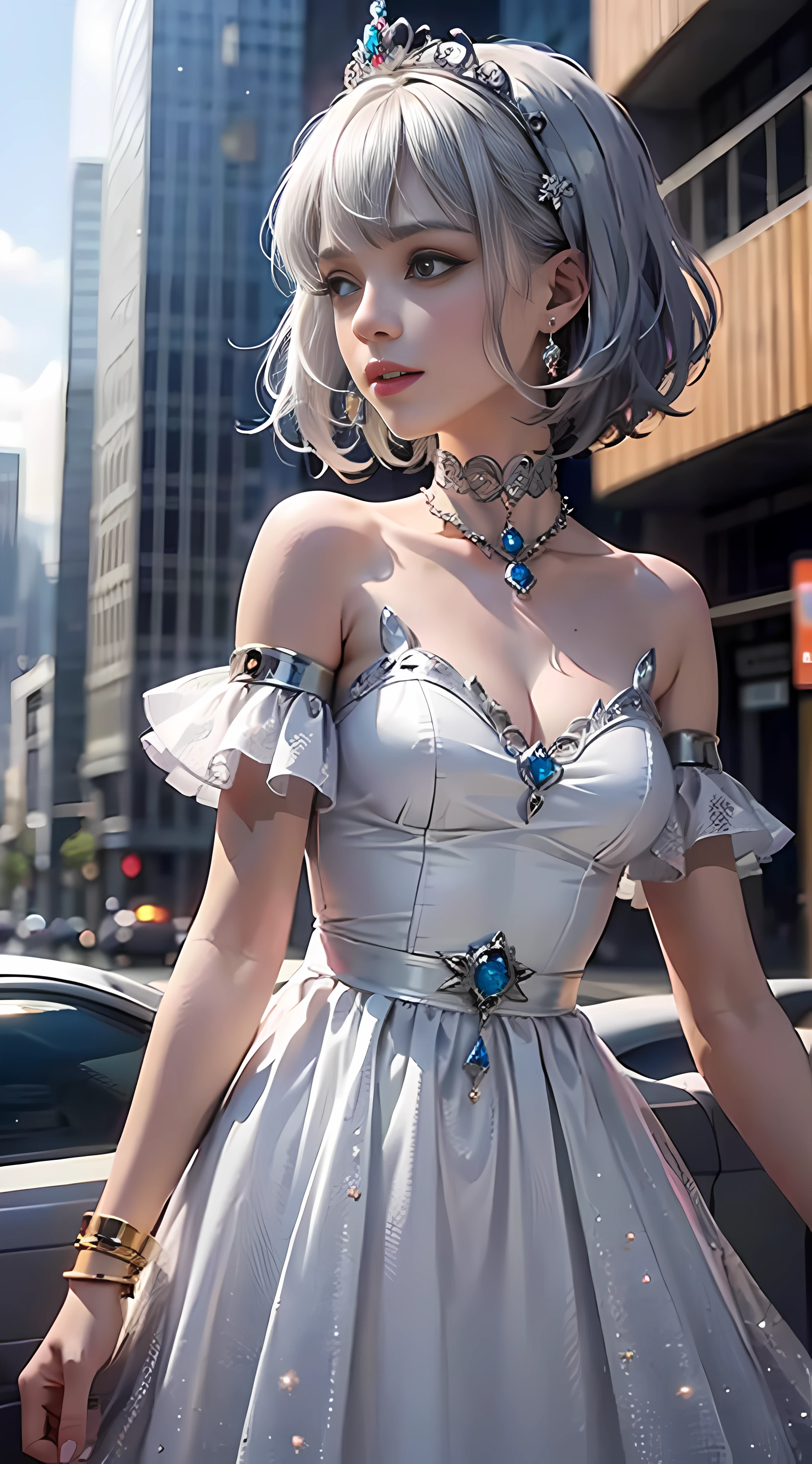 super alta qualidade,8K,princess,The skin is fair,Short silver hair,Jewel Crown,sun is shining,Different actions,High-rise white gauze dress