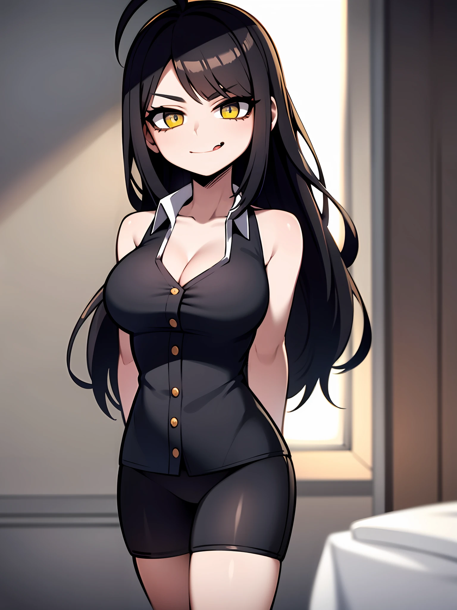 ((obra-prima, melhor qualidade)), (1Menina), (somente), (Foco feminino), (Ahoge, Cabelo branco, cabelo curto), olhos pretos, sorriso claro, stick out tongue, seios grandes, coxas grandes, bunda grande ((camisa branca), (camisa abotoada), (button gap)), ((Saia preta), (Saia Curta)), On her feet, fundo branco, arms behind back, dynamic angle, shirt unbuttoned, seductive look, sexy pose
