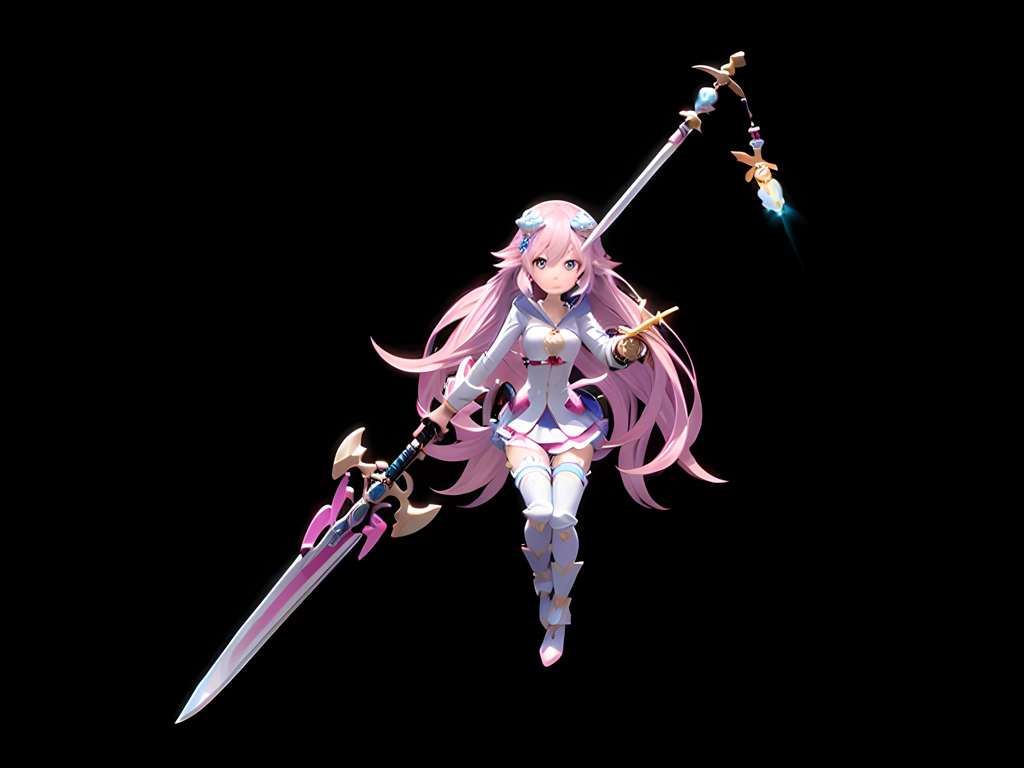 a close up of a person holding a sword and a sword, shining pink armor, humanoid pink female squid girl, render of mirabel madrigal, streamlined pink armor, 3 d render official art, Ayaka Genshin impact, Katana Zero video game character, knights of zodiac girl, jrpg character, pudica pose, Madoka Magica --auto