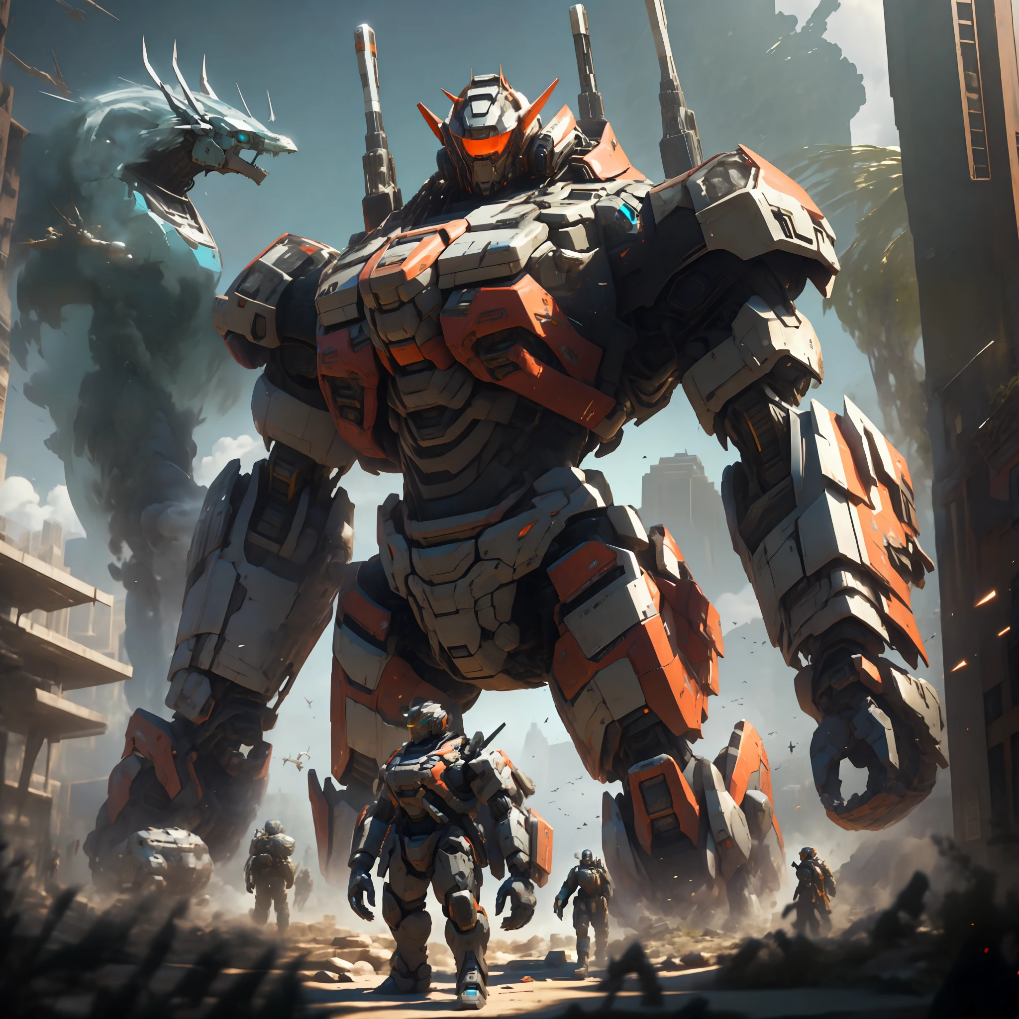 a couple of people standing in front of a giant robot, soldiers and mech fight, titanfall 2 game, titanfall irl, titanfall 2, mad max battlemech, titanfall, giant mecha, discarded mech in background, battlemech, pacific-rim-mech in background, hawken, war mechs fighting, wojtek fus, mech suit, author：Raymond Han