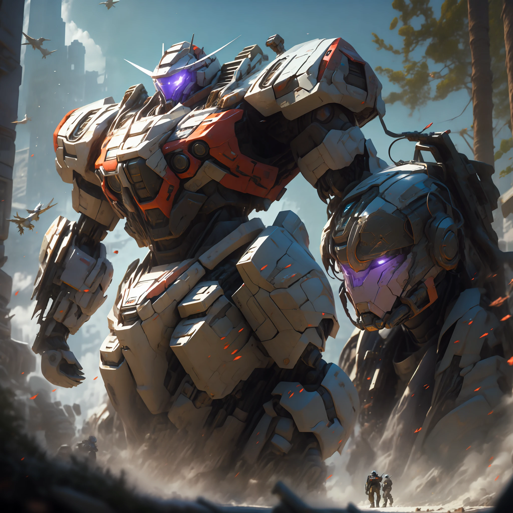 a couple of people standing in front of a giant robot, soldiers and mech fight, titanfall 2 game, titanfall irl, titanfall 2, mad max battlemech, titanfall, giant mecha, discarded mech in background, battlemech, pacific-rim-mech in background, hawken, war mechs fighting, wojtek fus, mech suit, author:Raymond Han