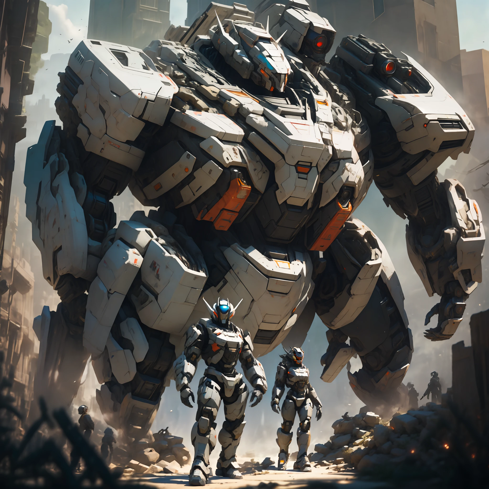 a couple of people standing in front of a giant robot, soldiers and mech fight, titanfall 2 game, titanfall irl, titanfall 2, mad max battlemech, titanfall, giant mecha, discarded mech in background, battlemech, pacific-rim-mech in background, hawken, war mechs fighting, wojtek fus, mech suit, author:Raymond Han