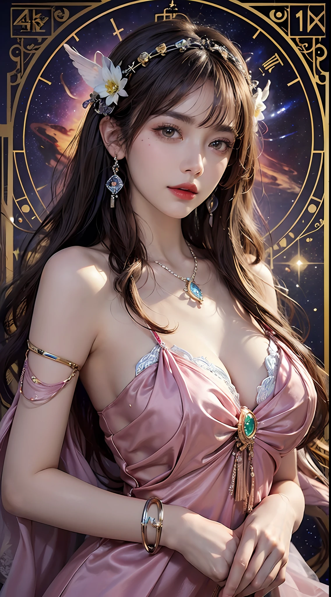 1 27-year-old girl, 1 zodiac goddess from the future, 12 zodiac goddess pink purple, 12 zodiac goddess face sexy thin yellow nightgown, long thin nightgown 12 zodiac many limbs sexy black lace detail, mythical goddess of the 12 zodiacs from the future, zodiac ♏, luxurious glittering zodiac style, dark and mysterious version, zodiac crown, lipstick red lips, thin and pretty lips, don't smile, keep your mouth shut, characters created by karol bak and pino daeni, intricate detail, detailed background, extremely detailed, light magic, a woman, clear face, looking at the upper body of the goddess of the zodiac, round breasts, big and round breasts, phoenix hair brooch, long hair with bangs, beautiful detailed face and well-proportioned eyes, (transparent yellow eyes: 1.8), big round eyes and very beautiful and detailed makeup, visionary, long silk nightgown, mysterious makeup, Bracelets, side bangs and dye pale yellow, upper body, (zodiac goddess upper body: 1.8), drooping arms, Realistic and vivid photo, (stars that make up the zodiac: 1.7), ( sky zodiac and fictitious space and time portal: 1.8), fiction art, RAW photo, hanfu photo, best photo , high_res, best quality, best photo, 8k quality, 8k ultra , surrealism, the most economical real photo, artistic portrait of 12 zodiac signs, 1 symbol of 12 zodiac signs behind, single portrait of 12 zodiac goddess, The most realistic color scheme, best photo color, masterpiece, hair ornament, necklace, jewelry, Beautiful face, upper body, tyndall effect, photo realistic, dark studio, border light, two tone light, (detailed skin) high: 1.2), 8k uhd, dslr, soft light, high quality, volumetric light, candid, Photo, high resolution, 4k quality, 8k, Bokeh, Smooth and sharp, pixel up 10 times, Charming zodiac goddess, sexy zodiac goddess, (background space: 1.8), (galaxy: 1.7), aurora, lightning, (Aurora Background: 1.8) <lora:locon_perfecteyes_v1_from_v1_, beautiful goddess and flowers,