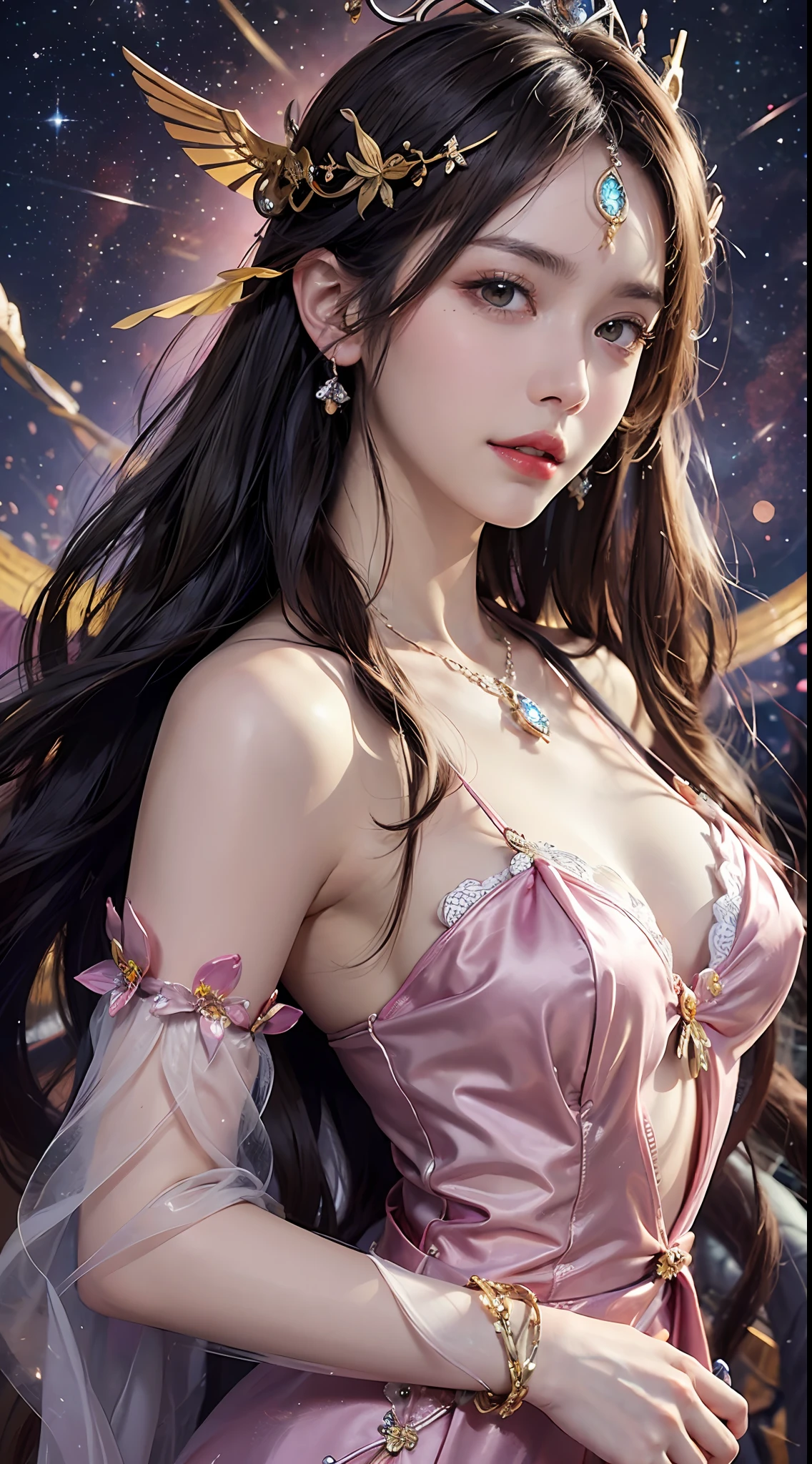 1 27-year-old girl, 1 zodiac goddess from the future, 12 zodiac goddess pink purple, 12 zodiac goddess face sexy thin yellow nightgown, long thin nightgown 12 zodiac many limbs sexy black lace detail, mythical goddess of the 12 zodiacs from the future, zodiac ♏, luxurious glittering zodiac style, dark and mysterious version, zodiac crown, lipstick red lips, thin and pretty lips, don't smile, keep your mouth shut, characters created by karol bak and pino daeni, intricate detail, detailed background, extremely detailed, light magic, a woman, clear face, looking at the upper body of the goddess of the zodiac, round breasts, big and round breasts, phoenix hair brooch, long hair with bangs, beautiful detailed face and well-proportioned eyes, (transparent yellow eyes: 1.8), big round eyes and very beautiful and detailed makeup, visionary, long silk nightgown, mysterious makeup, Bracelets, side bangs and dye pale yellow, upper body, (zodiac goddess upper body: 1.8), drooping arms, Realistic and vivid photo, (stars that make up the zodiac: 1.7), ( sky zodiac and fictitious space and time portal: 1.8), fiction art, RAW photo, hanfu photo, best photo , high_res, best quality, best photo, 8k quality, 8k ultra , surrealism, the most economical real photo, artistic portrait of 12 zodiac signs, 1 symbol of 12 zodiac signs behind, single portrait of 12 zodiac goddess, The most realistic color scheme, best photo color, masterpiece, hair ornament, necklace, jewelry, Beautiful face, upper body, tyndall effect, photo realistic, dark studio, border light, two tone light, (detailed skin) high: 1.2), 8k uhd, dslr, soft light, high quality, volumetric light, candid, Photo, high resolution, 4k quality, 8k, Bokeh, Smooth and sharp, pixel up 10 times, Charming zodiac goddess, sexy zodiac goddess, (background space: 1.8), (galaxy: 1.7), aurora, lightning, (Aurora Background: 1.8) <lora:locon_perfecteyes_v1_from_v1_, beautiful goddess and flowers,