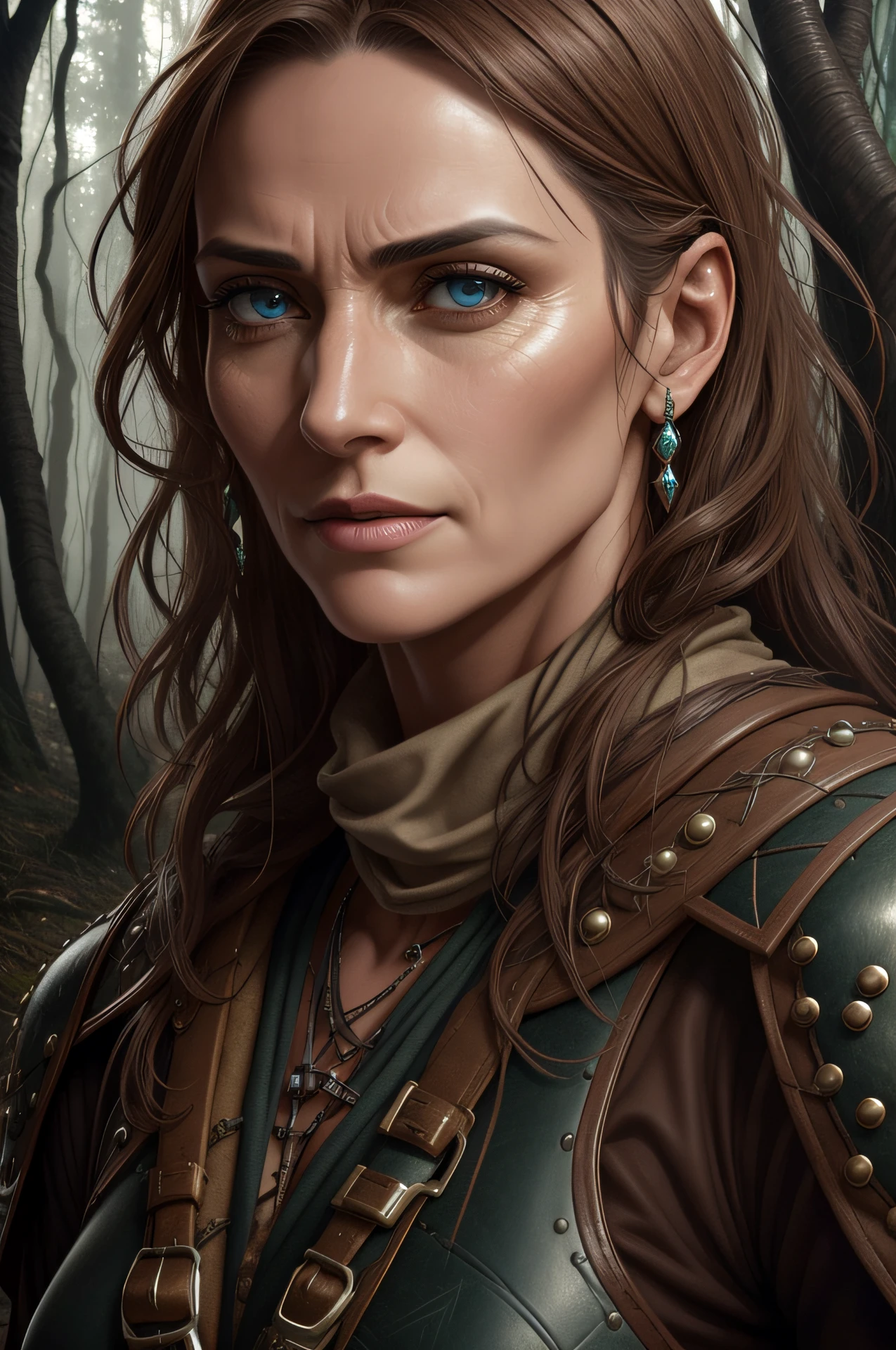 1Menina, Mulher madura, Steadicam angle, cintura para cima, (encaixar, Abs, athletic:0.4), (Bald Twist Contorted Expression Contorted Wrinkled Eyebrow Mouth Turned Down:0.7), ( landscape with contrast of earth tones and non-earthy tones, Post-war themes, Fangorn Forest1 Location.0) (obra-prima, hipermaximalista, Maximalismo, melhor qualidade, 8k, Altas, absurdos, 4k, alta qualidade, ultra high-resolution, mais alta qualidade, ultra detalhado, 8k UHD, realista, altamente detalhado, ultra-detalhado: 1.0), (cinematic lightening, HDR, foto crua, sharp-focus, fotorrealista, realista: 1.0), (Rosto em forma oblonga, Narrow features of the face, Olhos estreitos finos, Nariz estreito, Boca fina,:1.2), (rosto bonito, rosto detalhado, olhos bonitos, olhos detalhados, olhos detalhados bonitos:1.0), Doctor wearing medium studded leather armor,