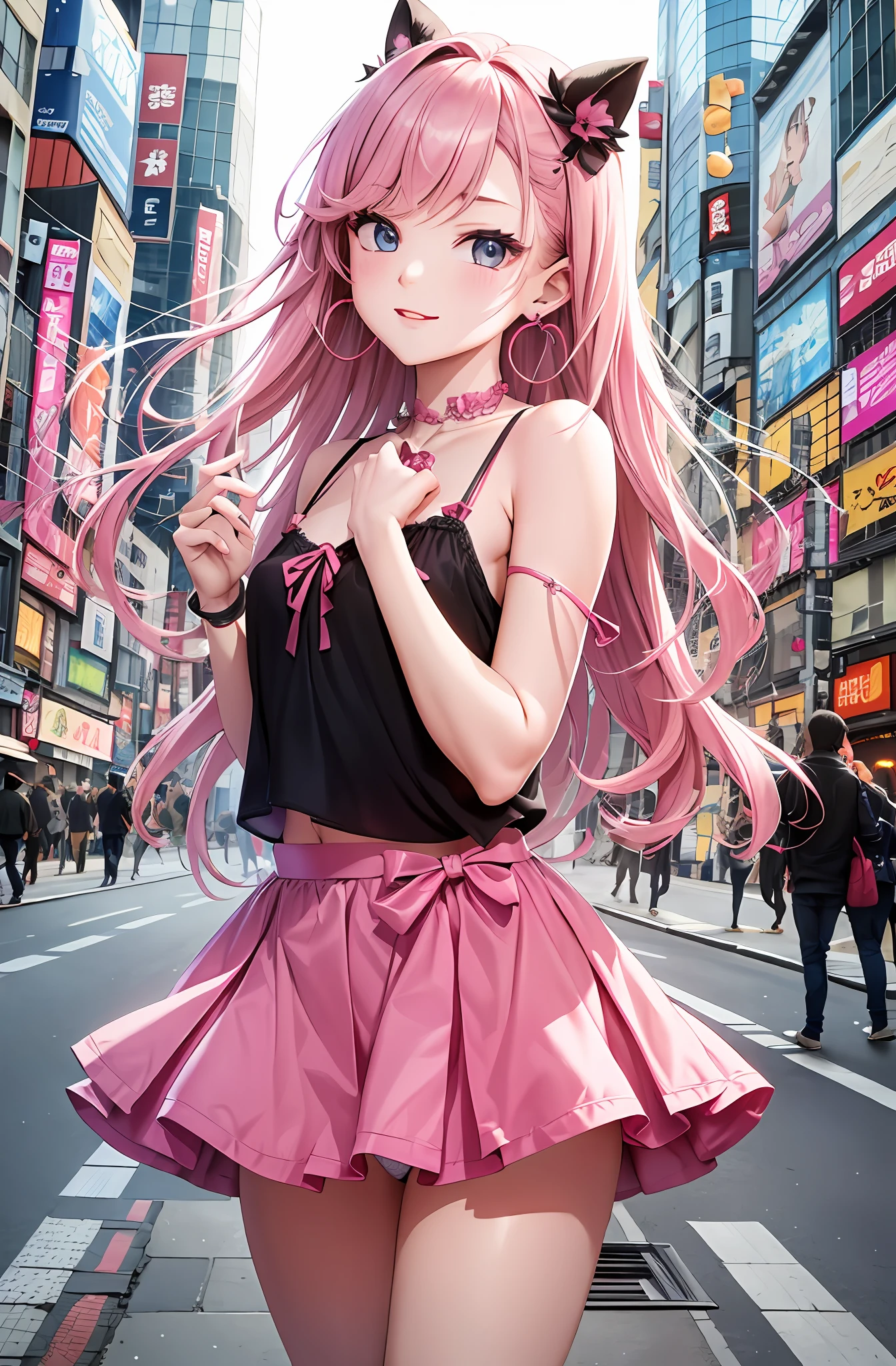 Portrait Art 15。Pink hair。long haired。preated skirt。Camisole。ear ring。Heart-shaped chest。Happy look。In the city of Shibuya。gusts of wind:1.5。pantiy、Cute string panties