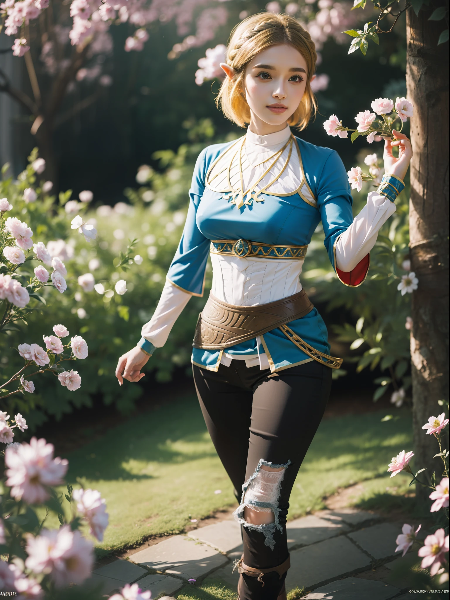 princess zelda, botw, black pants, 1girl, (blonde hair:1.5), beautifull expression, beautifull eyes, medium breasts, smile, cute, looking at viewer, long hair, (breast focus: 1.2), (realistic: 1.2), (full body: 1.5), (far view: 1.2), (realism), (masterpiece: 1.2), (best quality), (ultra detailed), (8k, 4k, intricate), (85mm), light particles, lighting, (highly detailed: 1.2), (detailed face: 1.2), (gradients), sfw, colorful, (detailed eyes: 1.2), (detailed garden with flowers: 1.2), (detailed background), (dynamic angle: 1.2), (dynamic pose:1.2), (rule of third_composition: 1.3), (Line of action: 1.2), wide shot, daylight, solo.