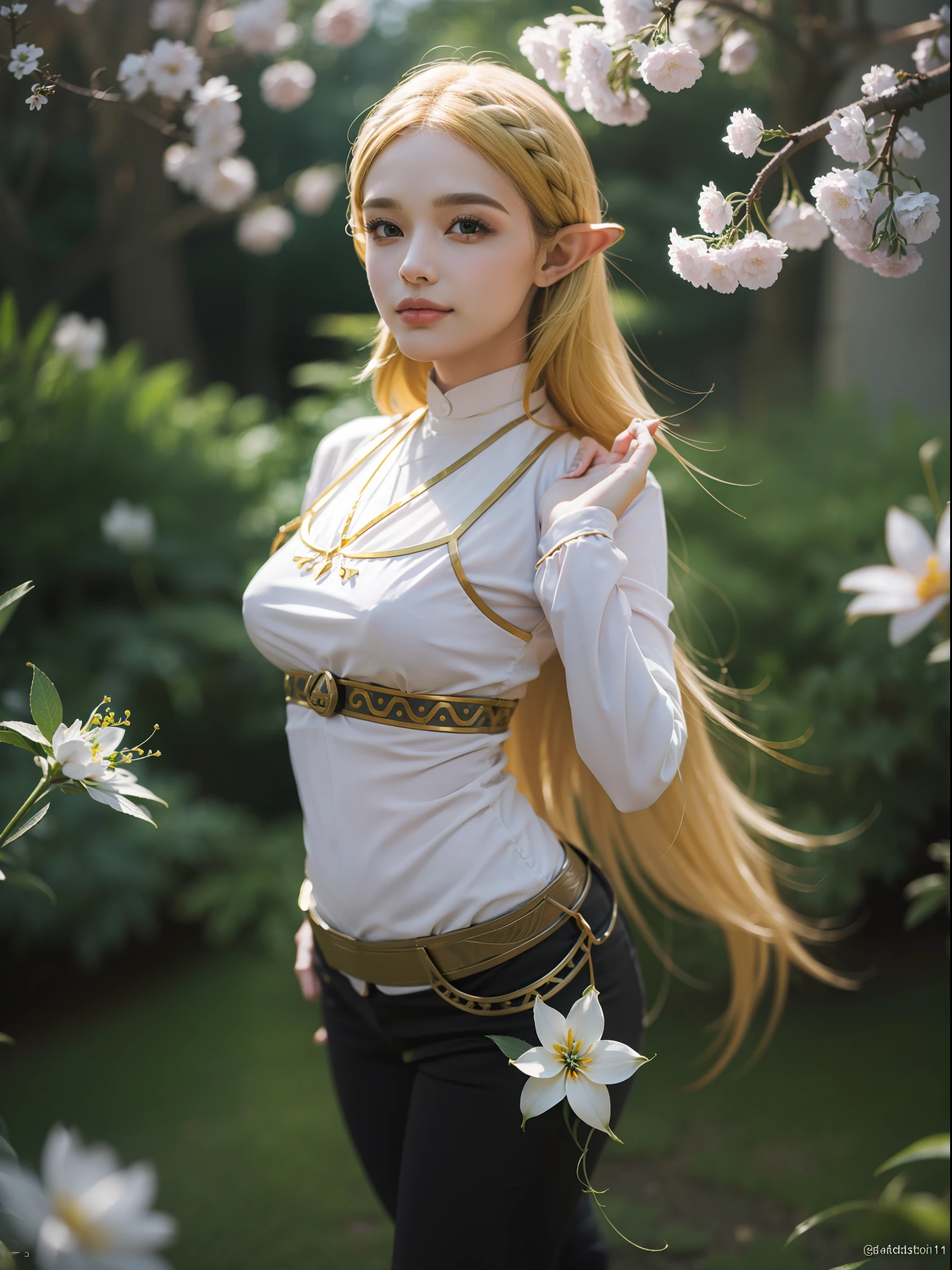 princess zelda, botw, black pants, 1girl, (blonde hair:1.5), beautifull expression, beautifull eyes, medium breasts, smile, cute, looking at viewer, long hair, (breast focus: 1.2), (realistic: 1.2), (full body: 1.5), (far view: 1.2), (realism), (masterpiece: 1.2), (best quality), (ultra detailed), (8k, 4k, intricate), (85mm), light particles, lighting, (highly detailed: 1.2), (detailed face: 1.2), (gradients), sfw, colorful, (detailed eyes: 1.2), (detailed garden with flowers: 1.2), (detailed background), (dynamic angle: 1.2), (dynamic pose:1.2), (rule of third_composition: 1.3), (Line of action: 1.2), wide shot, daylight, solo.