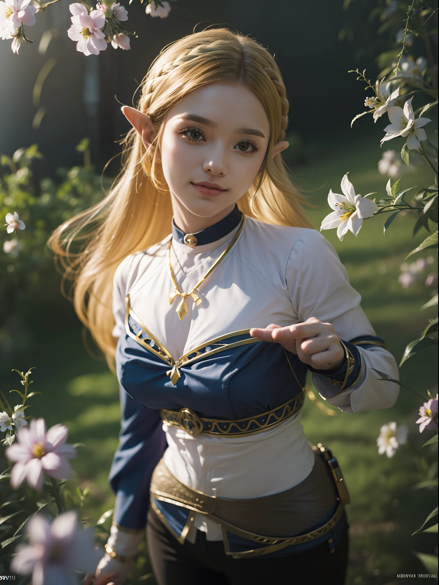 princess zelda, botw, black pants, 1girl, (blonde hair:1.5), beautifull expression, beautifull eyes, medium breasts, smile, cute, looking at viewer, long hair, (breast focus: 1.2), (realistic: 1.2), (full body: 1.5), (far view: 1.2), (realism), (masterpiece: 1.2), (best quality), (ultra detailed), (8k, 4k, intricate), (85mm), light particles, lighting, (highly detailed: 1.2), (detailed face: 1.2), (gradients), sfw, colorful, (detailed eyes: 1.2), (detailed garden with flowers: 1.2), (detailed background), (dynamic angle: 1.2), (dynamic pose:1.2), (rule of third_composition: 1.3), (Line of action: 1.2), wide shot, daylight, solo.