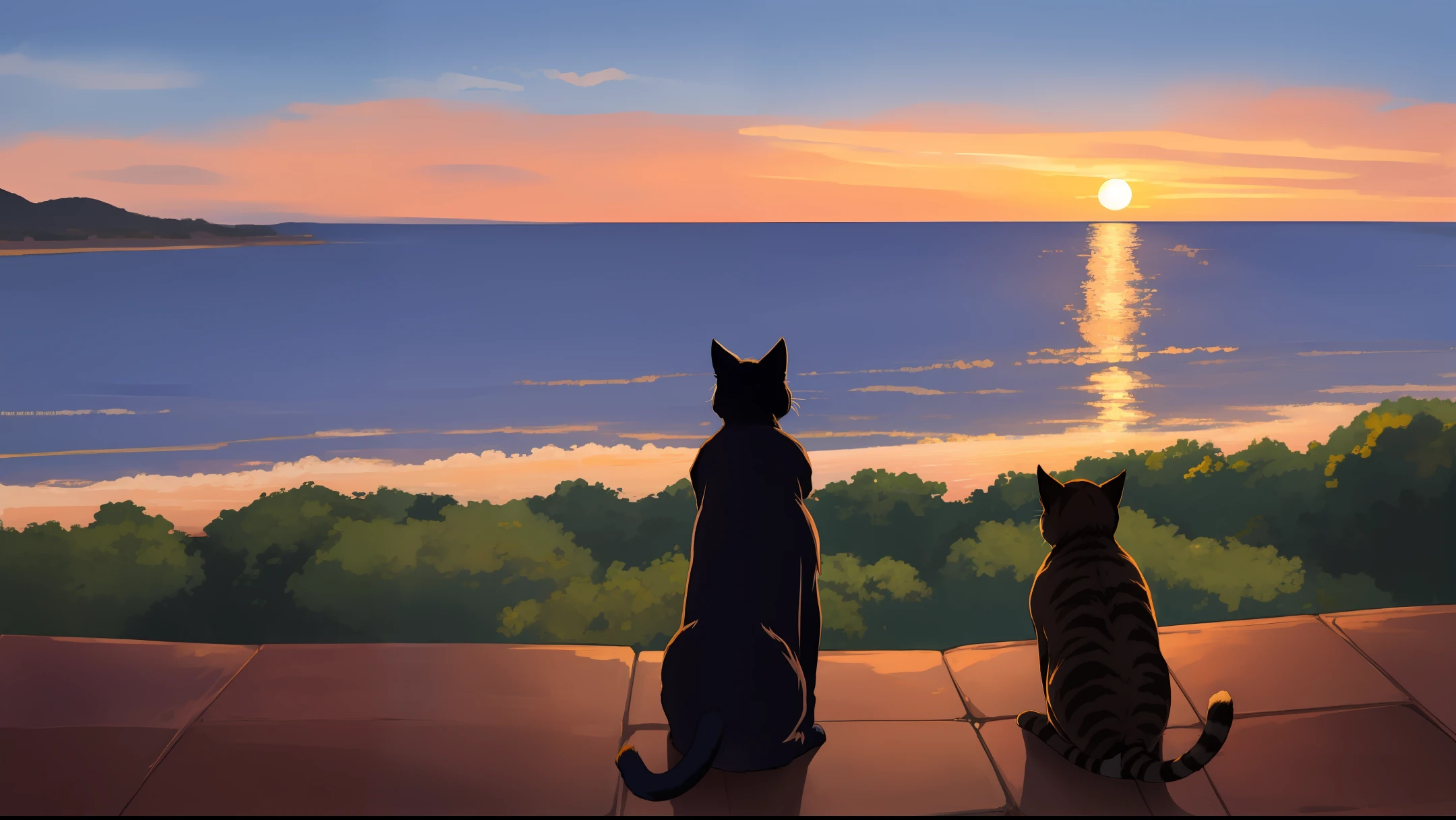 Couple of cats watching the sea, sunset background