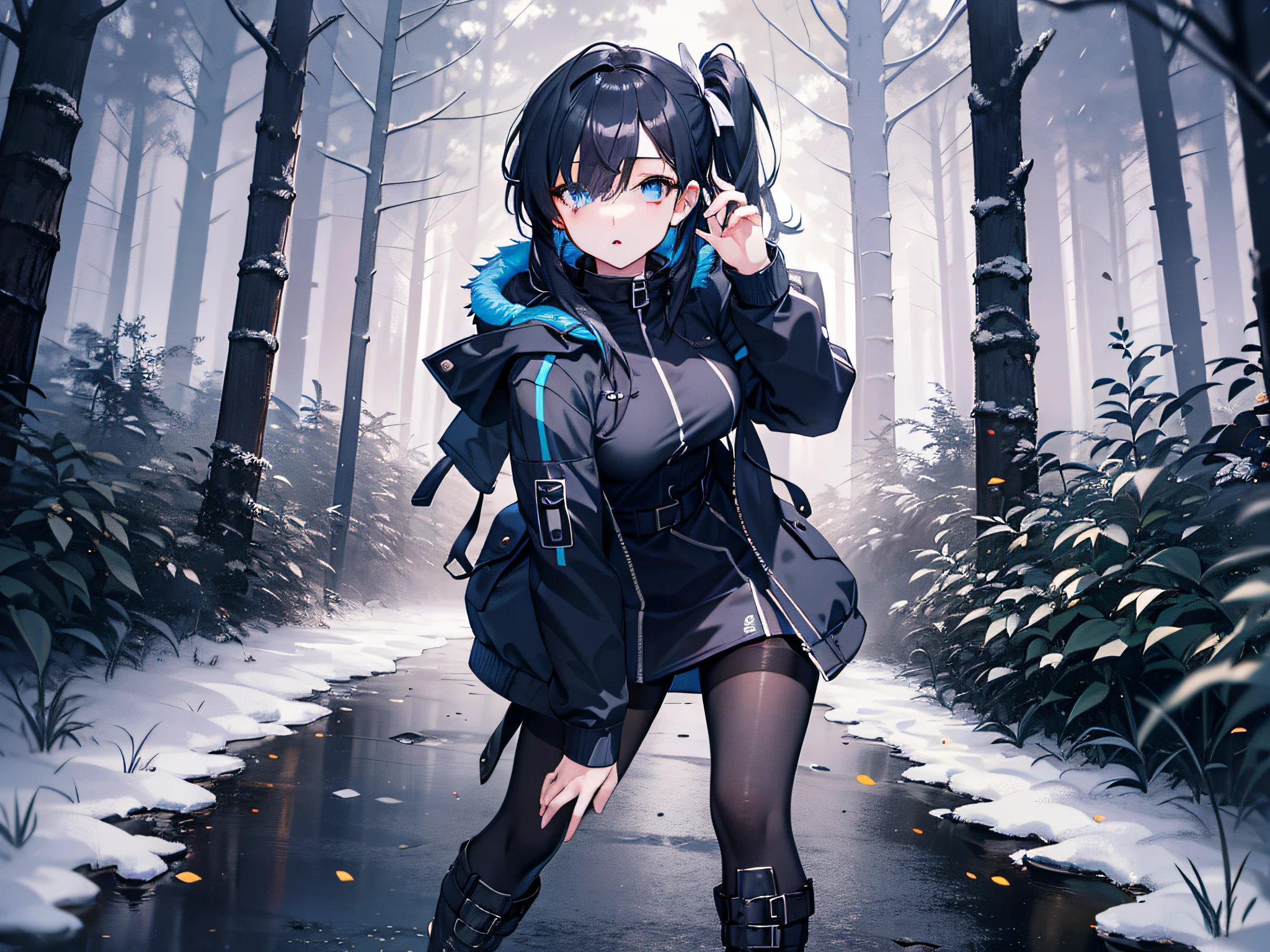 Black pantyhose, maiden, galactic eyes, solo, black parka, dream forest, midnight, dark blue hair, side ponytail, extremely long hair, masterpiece, 4k, award-winning photos, extremely detailed, fine details, highly detailed woman, extremely detailed eyes and face, black platform boots, full body, hair in one eye, perfect female body, night