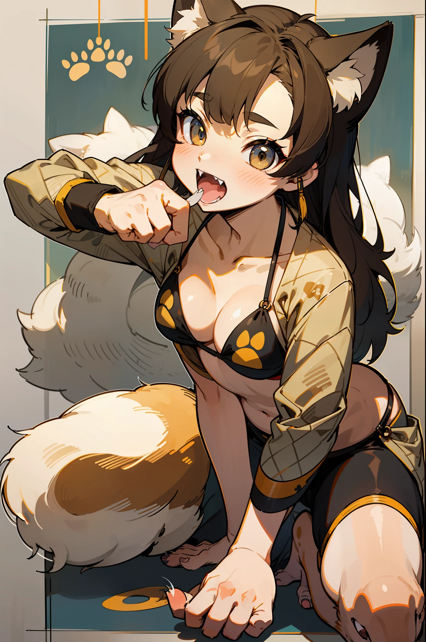 master peice,hyper quality, hyper detailed,Perfect drawing,1 Beautiful Girl、Dog paw print pattern bikini、Shiba Inu ears、Shiba Inu tail、Shiba Inu palm、Shiba Inu paws、Shiba Inu fingers、sharp claws、Sharp fangs、Hunter's eyes aiming for prey、Black hair and light brown mesh、Sharp eyes、Height 168cm、MeasurementsB85W58H88、Kneeling、pow pause