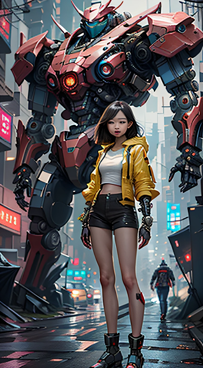 Boutique,best quality,Gold jewelry,(slip out feet),Fairy skin,(Fidelity :1.2),Standing,Super Detailed,realistic,High quality,Movie Light,Ray tracking,Ultra HD,Upper body
Girl in shorts and jacket standing next to giant robot, Guweiz style artwork, CyberPunk mech, Trends on CGSTATION, Guweiz, Russell Dongjun Lu, digital cyberpunk anime art, Ross Tran 8 K, Guweiz on ArtStation Pixiv, Girl in mecha network armor
