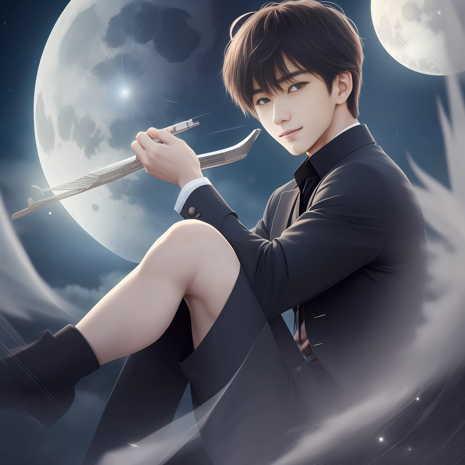(Extremely delicate and handsome:1.2),1boy, hair bangs, blue-eyed, fuzzy, blur backgroun, black color hair, closes mouth, Looking from the side, Eyes have light, looking at the spectator,mid hair,night,The moon,Smile with,Shooting,Soar in mid-air