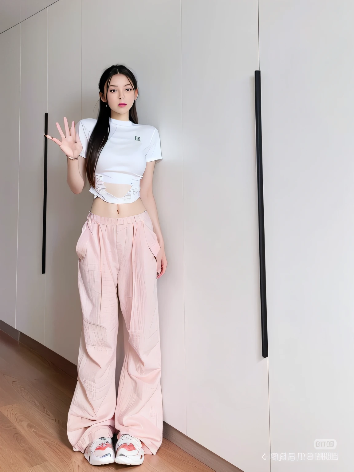 araffe woman standing in front of a wall with her hands up, full body xianxia, Pink clothes, white and light-pink outfit, dressed with long fluent clothes, with a thin waist, Thin waist, Cai Xukun's, 2 0 2 0 fashion, some pink, with ripped crop t - shirt, thin waists --auto