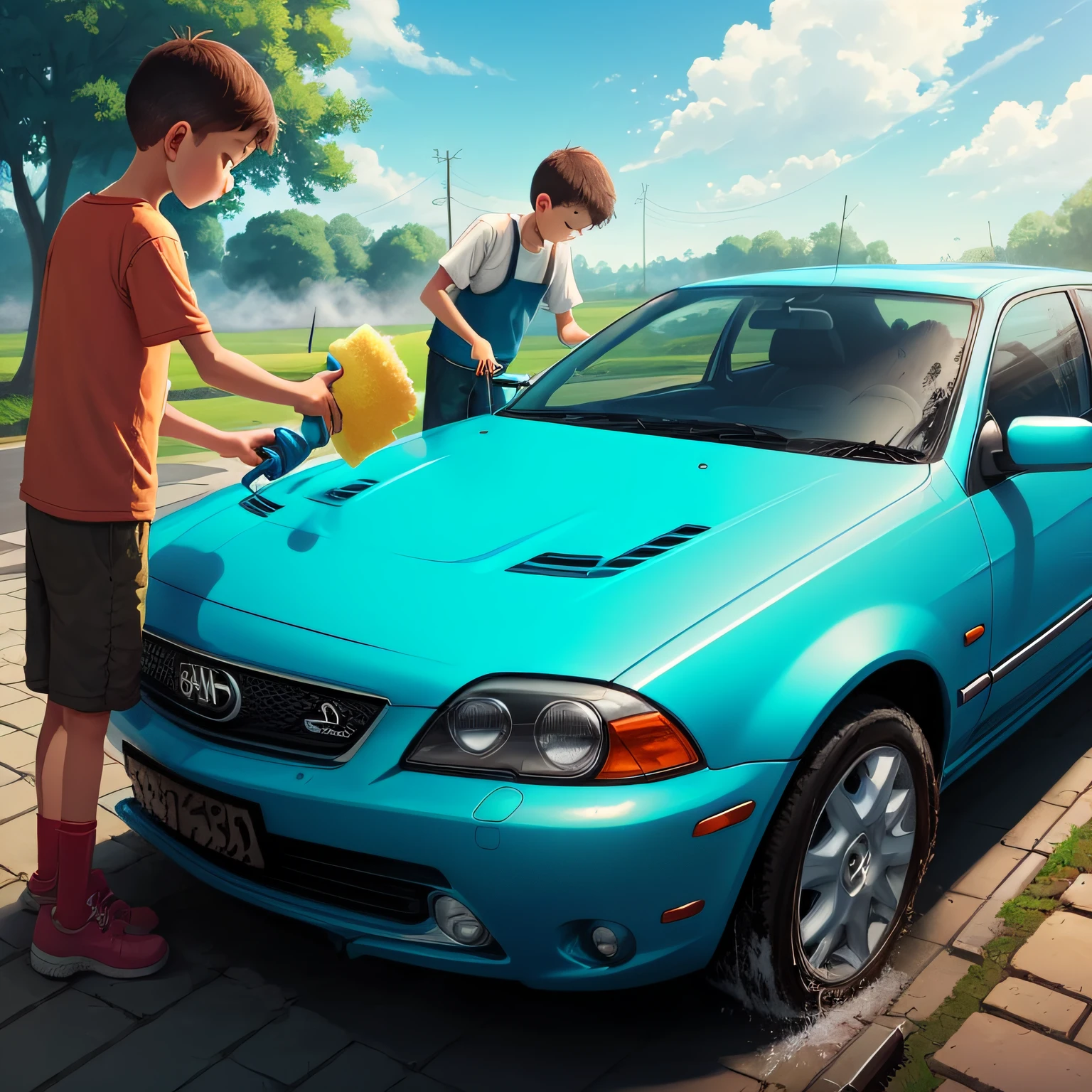 Create an illustration of a boy washing a car with a sponge under a blue sky --auto