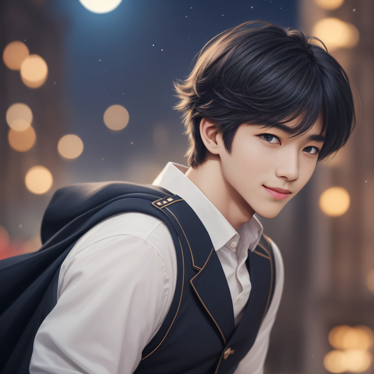 (Extremely delicate and handsome:1.2),1boy, hair bangs, blue-eyed, fuzzy, blur backgroun, black color hair, closes mouth, Looking from the side, Eyes have light, looking at the spectator,mid hair,night,The moon,Smile with,Shooting,Soar in mid-air