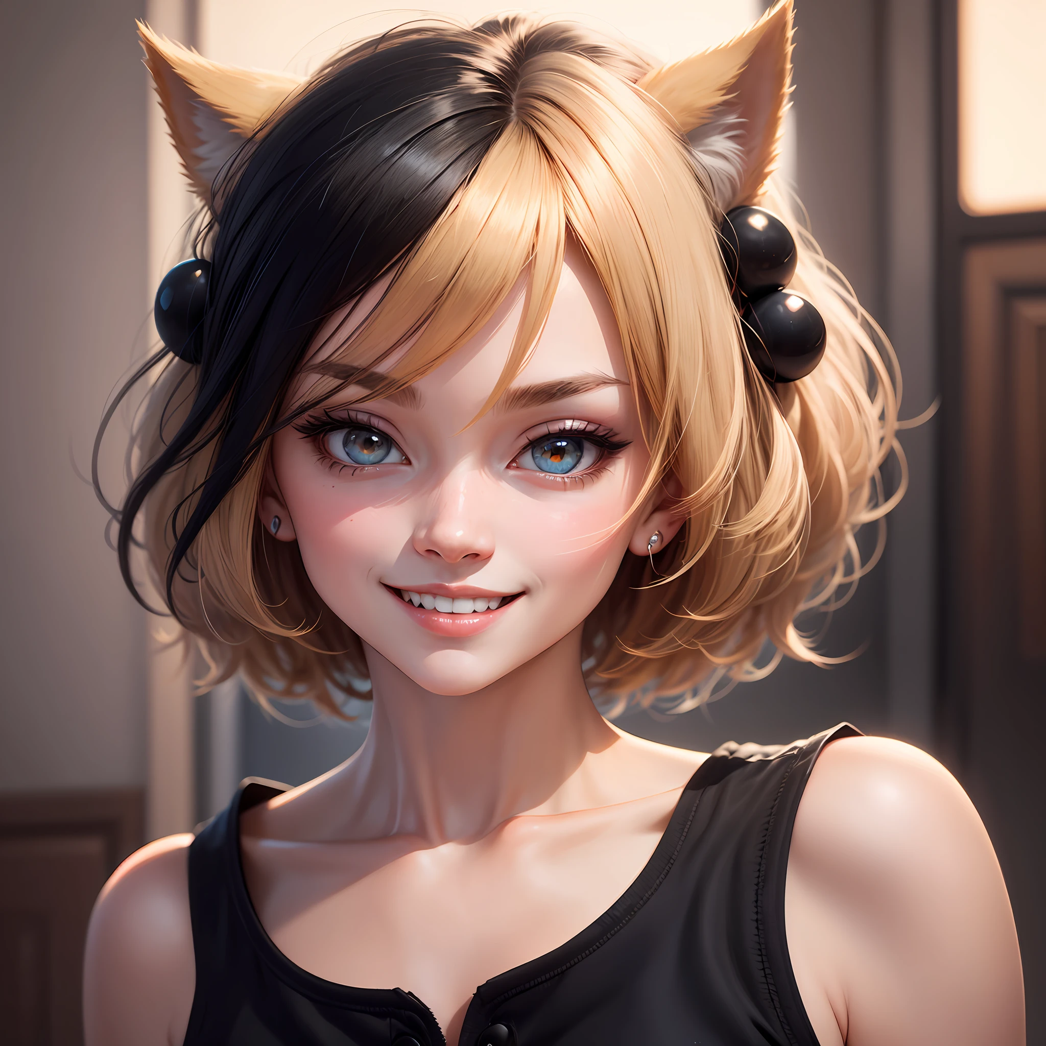 black hair, hair bobbles, wince, longeyelashes, solid circle eyes, fake animal ears, light smile, ear blush, fang, blonde hair, Surrealism, drop shadow, anaglyph, stereogram, tachi-e, pov, atmospheric perspective, 8k, super detail, ccurate, best quality --auto