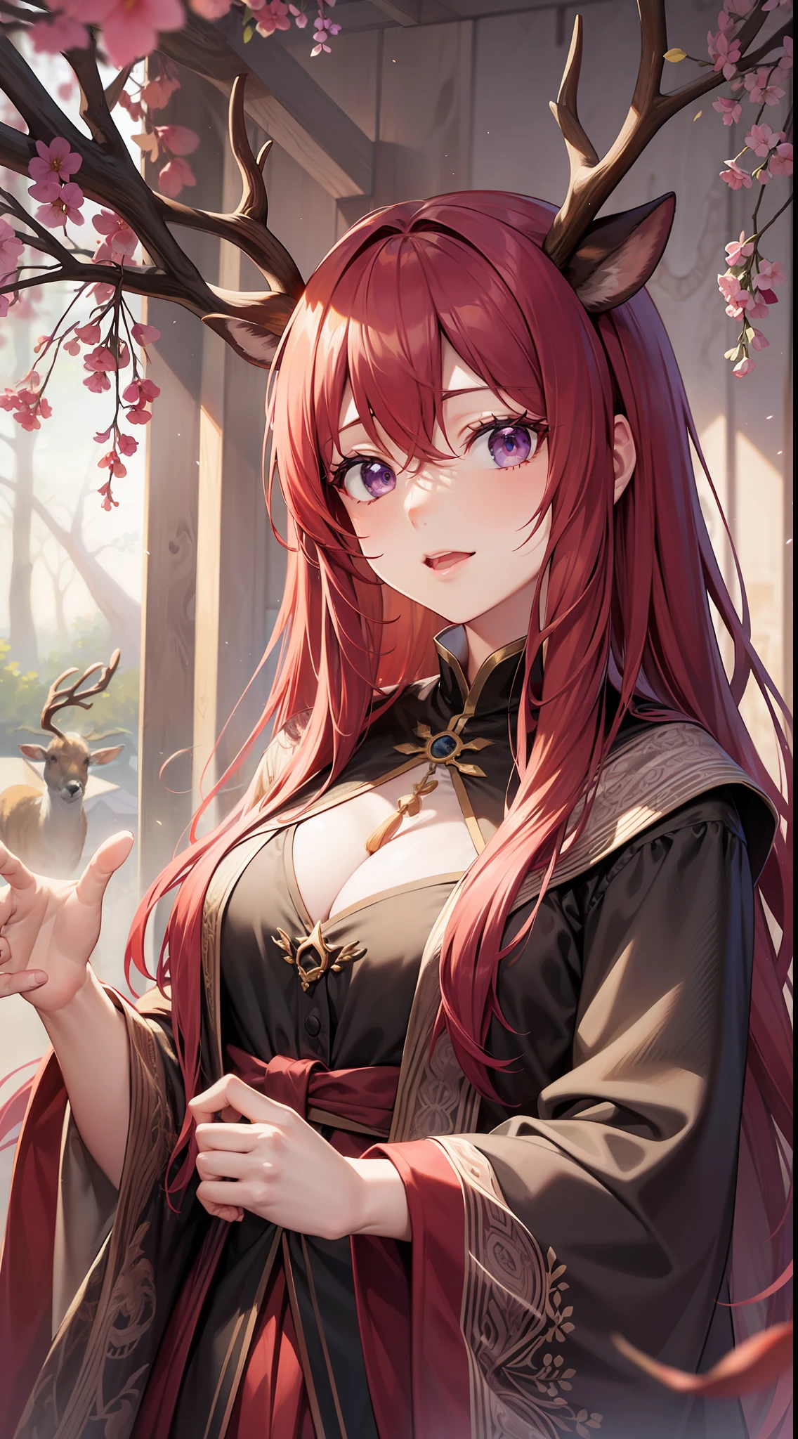 Adult woman, Long fiery red hair with purple ends, purple colored eyes, deer antlers, Herbalist's robe, Masterpiece, hig quality
