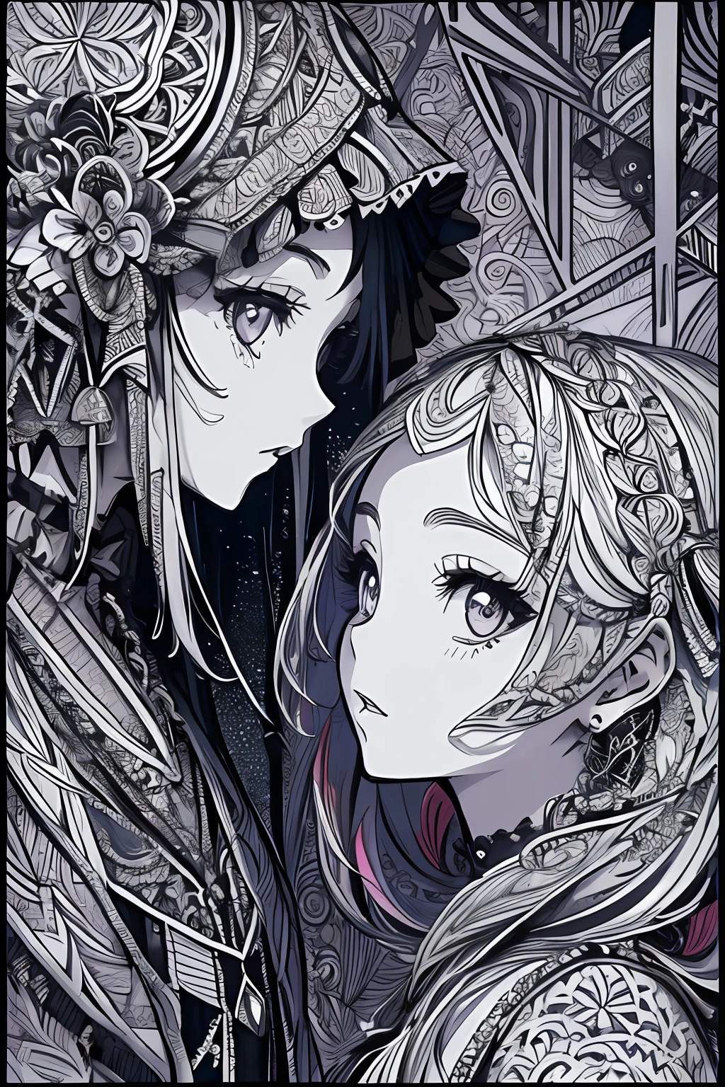 (Ultra detailed backgrounds、Detailed background)、absurdress、Hi-Res、Ultra Verbose、extremely detaild、1girls、(Gothic pattern:1.3)、(Zentangle:1.2)、(Geometry:1.2)、(colorfully)、