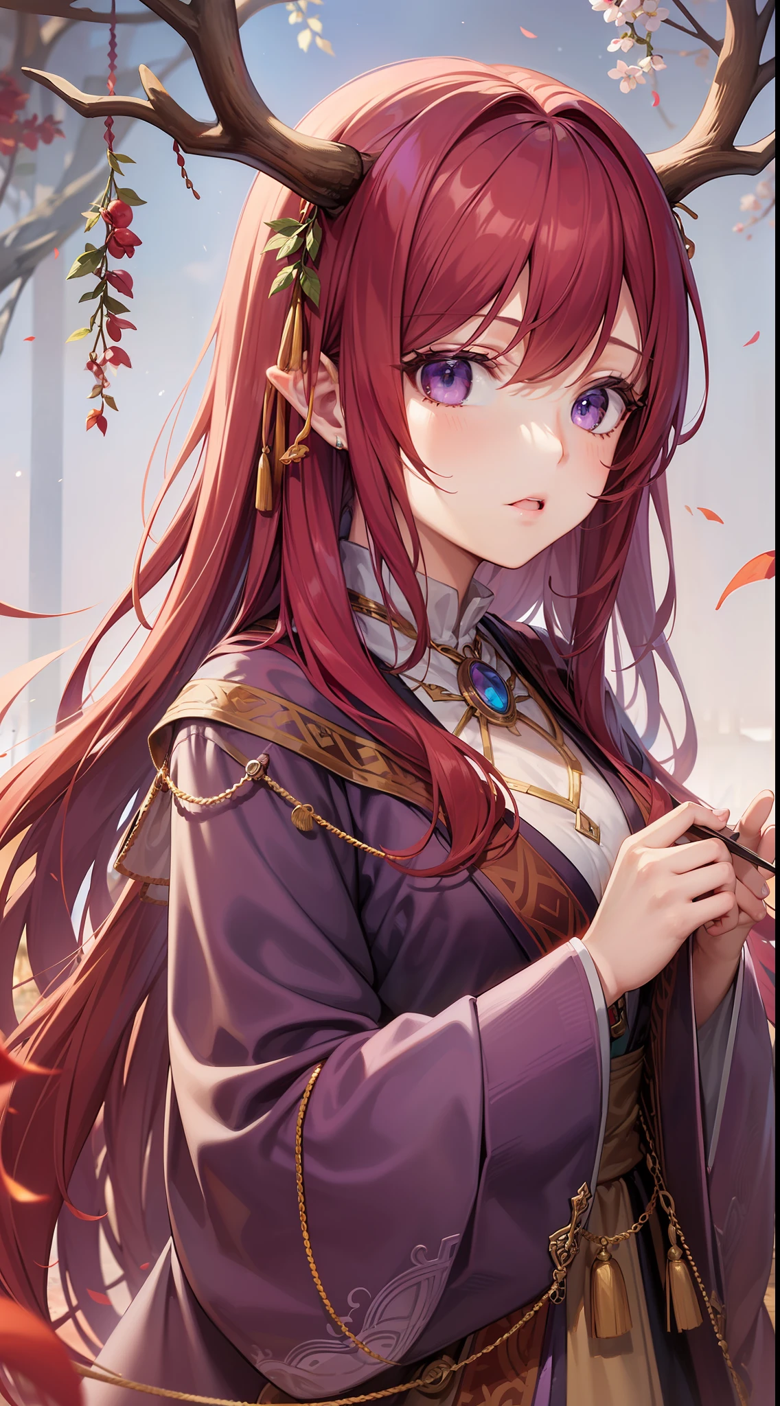 Adult woman, Long fiery red hair with purple ends, purple colored eyes, deer antlers, Herbalist's robe, Masterpiece, hig quality