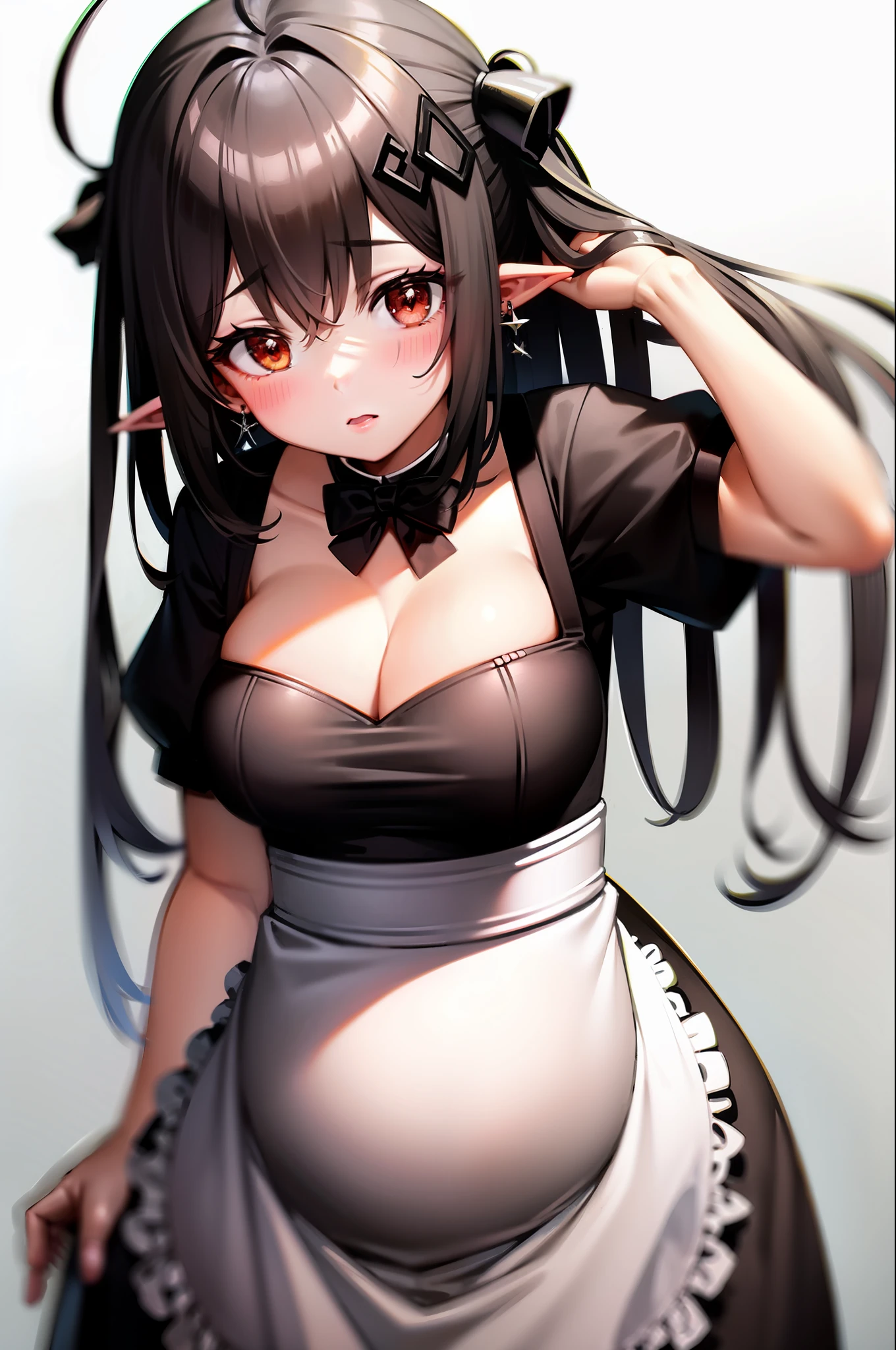 mudrock(arknights), Pointy ears, Flower, alternate costume, breasts, 1girls, Parting lips, White apron, look  at  viewer, Red eyes, short sleeve, Black dress, flor branca, Black bow, ahoge, bangs, aprons, Large breasts, black bowtie, Solo, Cleavage, whitehair, Puffy sleeves, ox’s horn, a bow tie, Long hair, Earrings, The ***********, Bow, twintail, Jewelry, Dress, maid, Simple background, White background, puffy short sleeves，pregnant belly，Beth