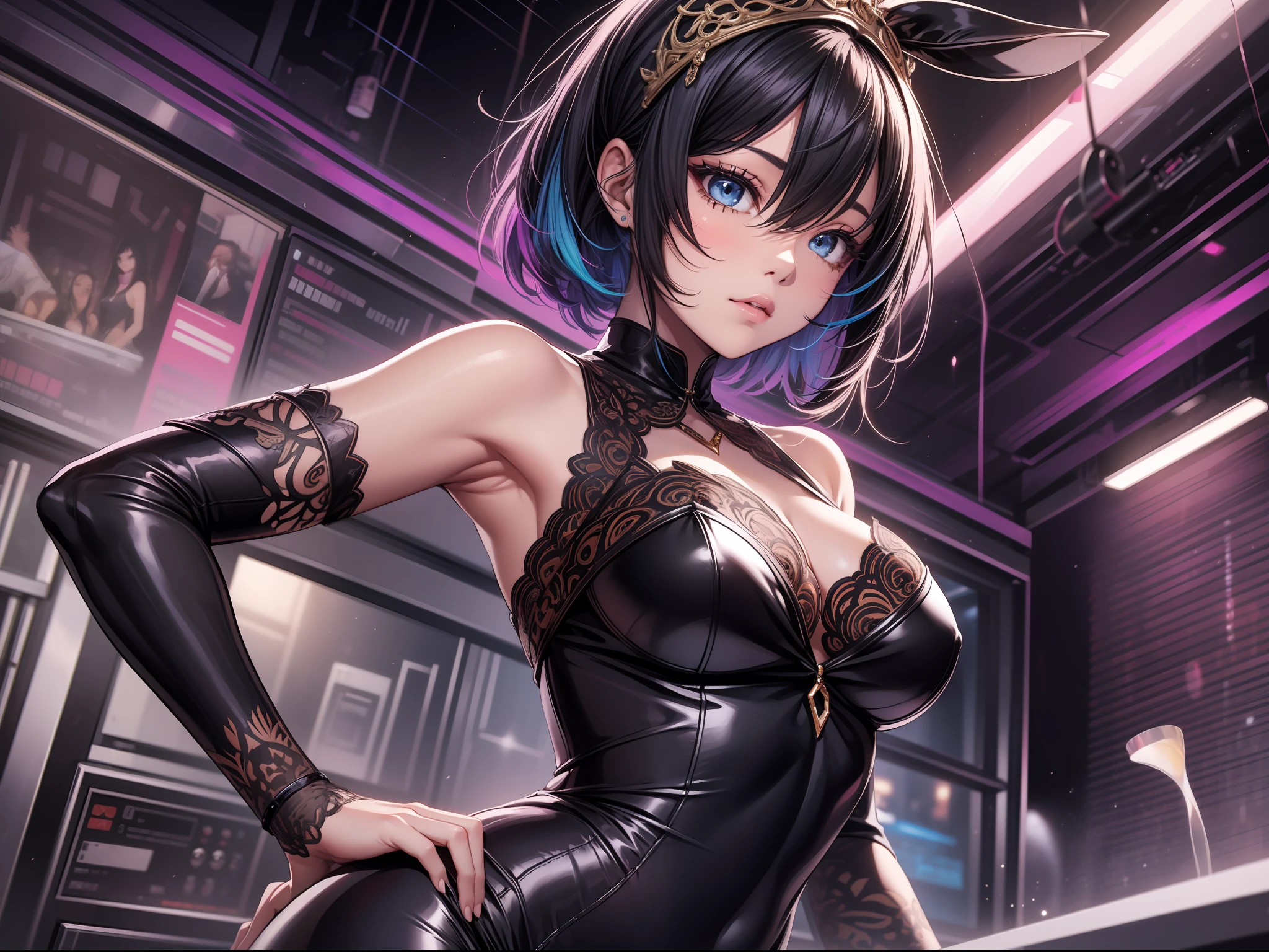 (A masterpie)、Ultra Verbose、in 8K、Reference sketch of a beautiful gal girl wearing a super tight bunny girl、She has short hair and、Black Hair、The inner color of the hair is colorful、Ultra-realistic and sharp details、Intricate and intricate details、Dancing in a club in the city Illustration