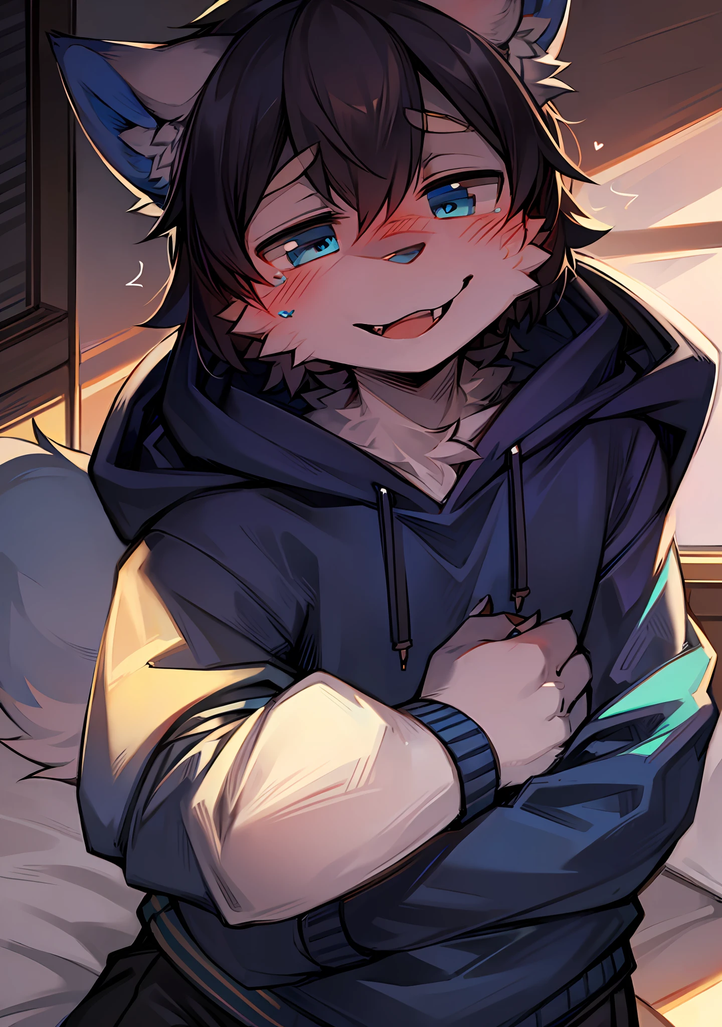 Image description:A furry male wolf wears a hoodie,The mouth smiles,Blue eyes,get blush,The expression is gentle。
