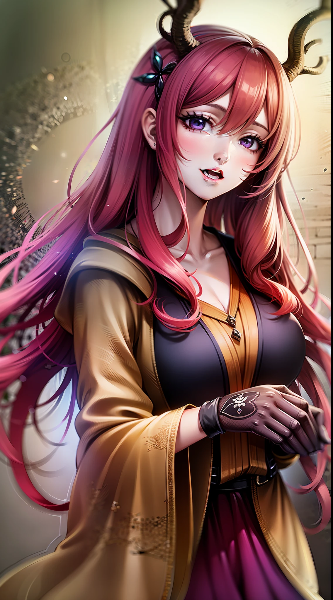 Adult woman, Long fiery red hair with purple ends, purple colored eyes, deer antlers, Herbalist's robe, Masterpiece, hig quality