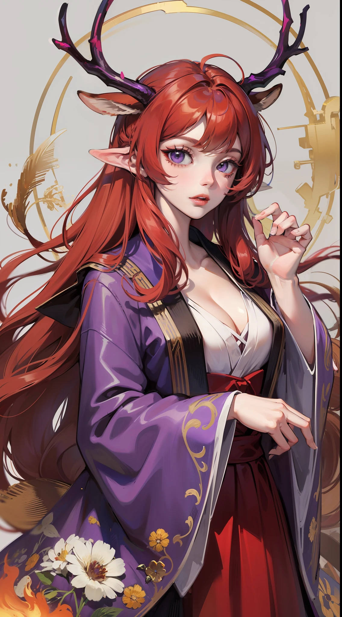 Adult woman, Long fiery red hair with purple ends, purple colored eyes, deer antlers, Herbalist's robe, Masterpiece, hig quality