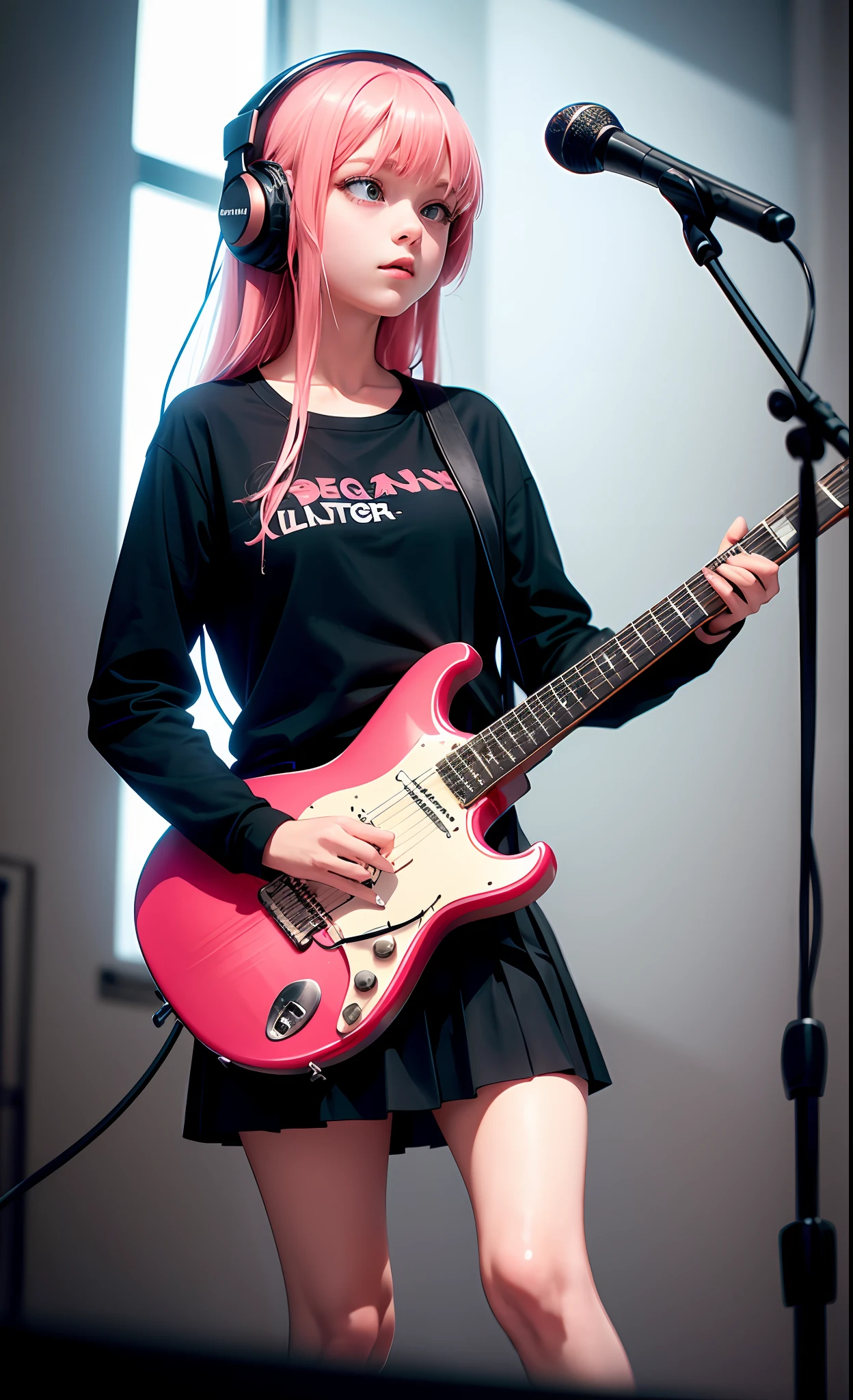((masterpiece, best quality)), 1girl, solo, black skirt, blue eyes, electric guitar, guitar, headphones, holding, holding plectrum, instrument, long hair, music, one side up, pink hair, playing guitar, pleated skirt, black shirt, indoors