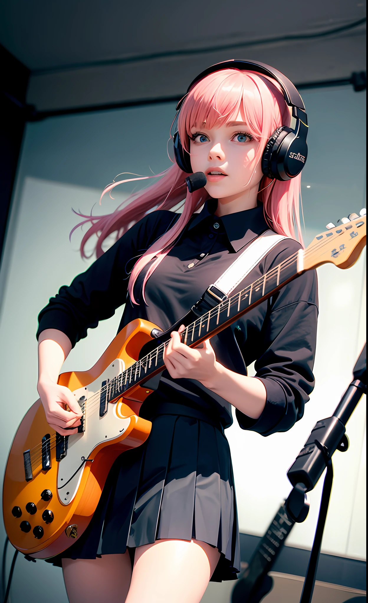 ((masterpiece, best quality)), 1girl, solo, black skirt, blue eyes, electric guitar, guitar, headphones, holding, holding plectrum, instrument, long hair, music, one side up, pink hair, playing guitar, pleated skirt, black shirt, indoors