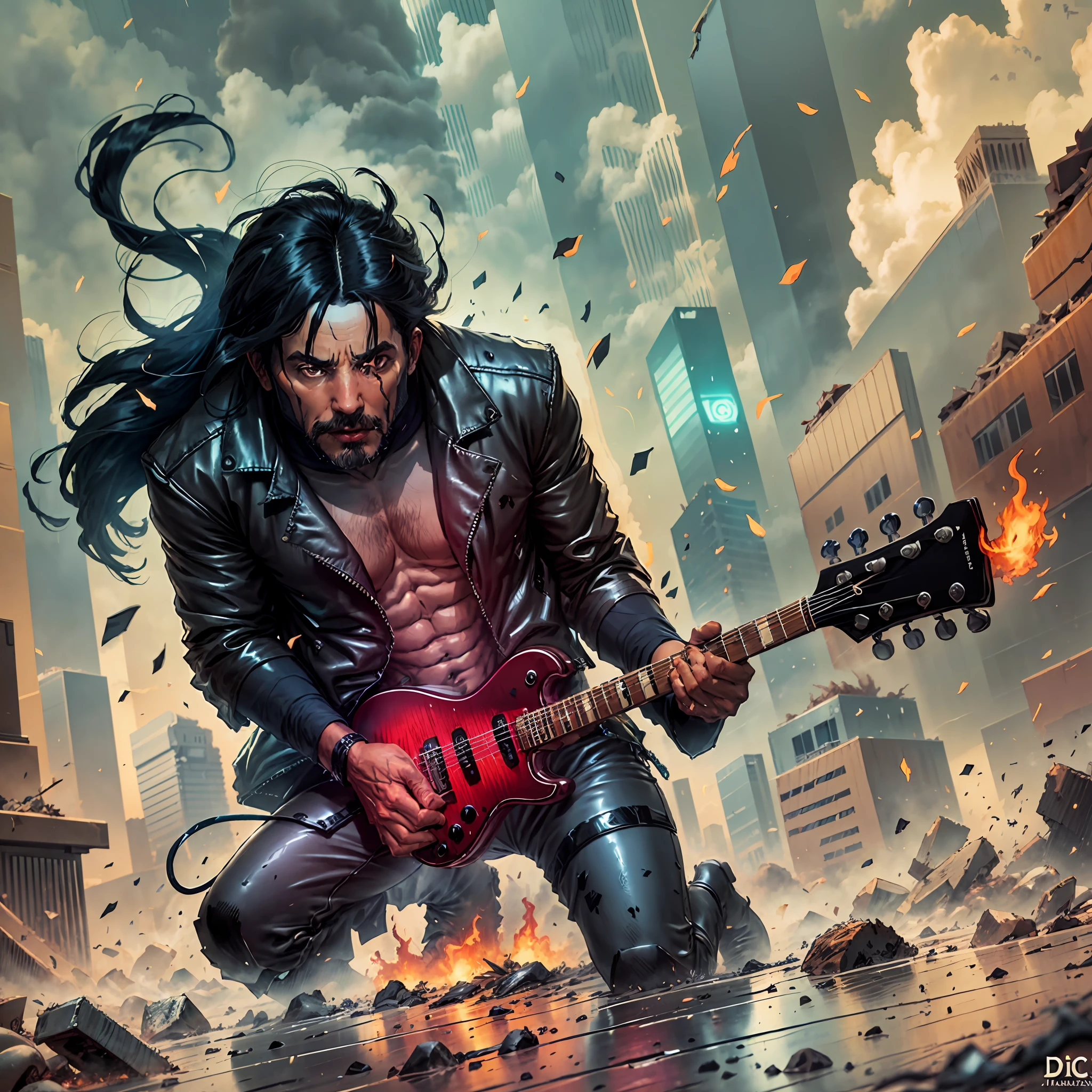 A Man (1man) with long black hair, black rock in roll style jacket playing guitar, a city completely destroyed and on fire, Epic Fantasy Digital Art Style, Epic Fantasy Illustration