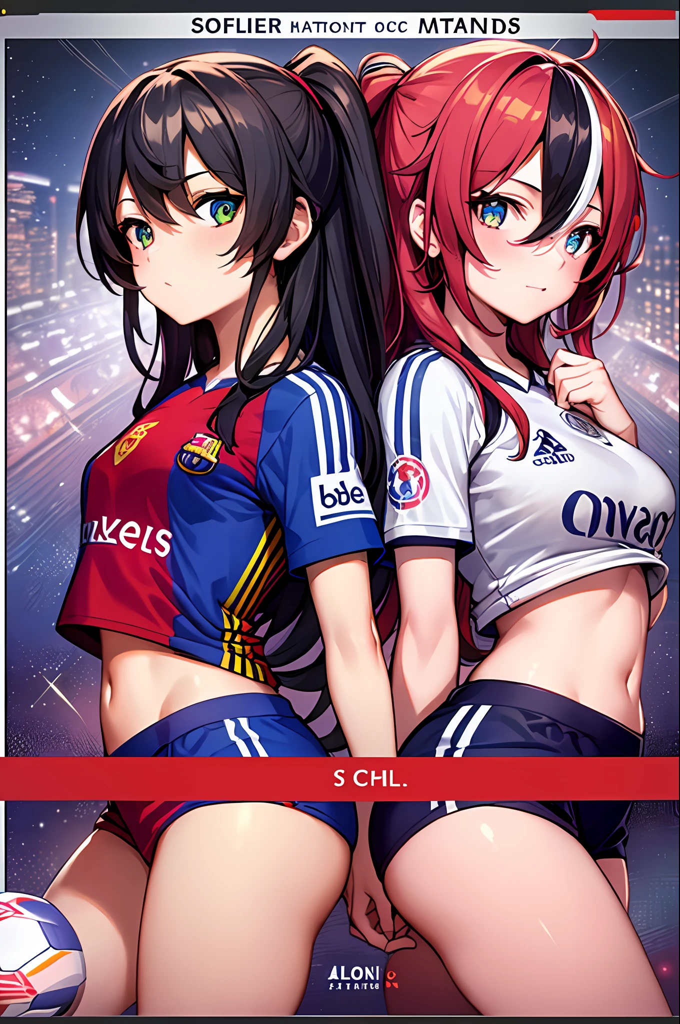 2 girl, 1 girl hakos baelz dressed in soccer club (FC Barcelona) uniform vs 1 girl natsuiro matsuri in soccer club (Atletico del Madrid) uniform, Proportional body, High resolution, soccer poster, soccer soccer football in lower middle, Letters (VS) in the middle of the 2 girls, separating girls with different origins, in relation to their soccer club without body defects