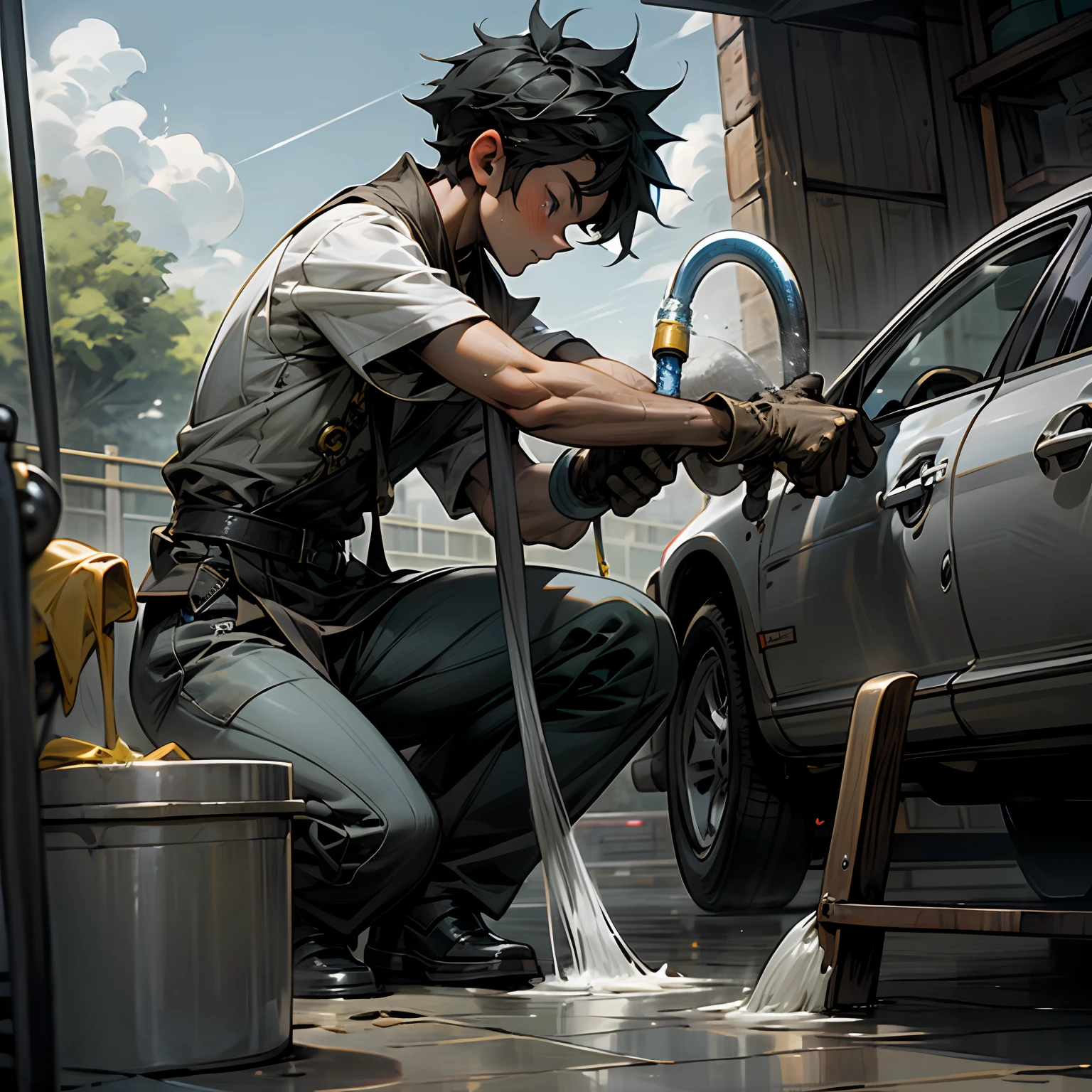 Create a simple illustration of a boy washing a car under a blue sky using a hose and sponge. --auto