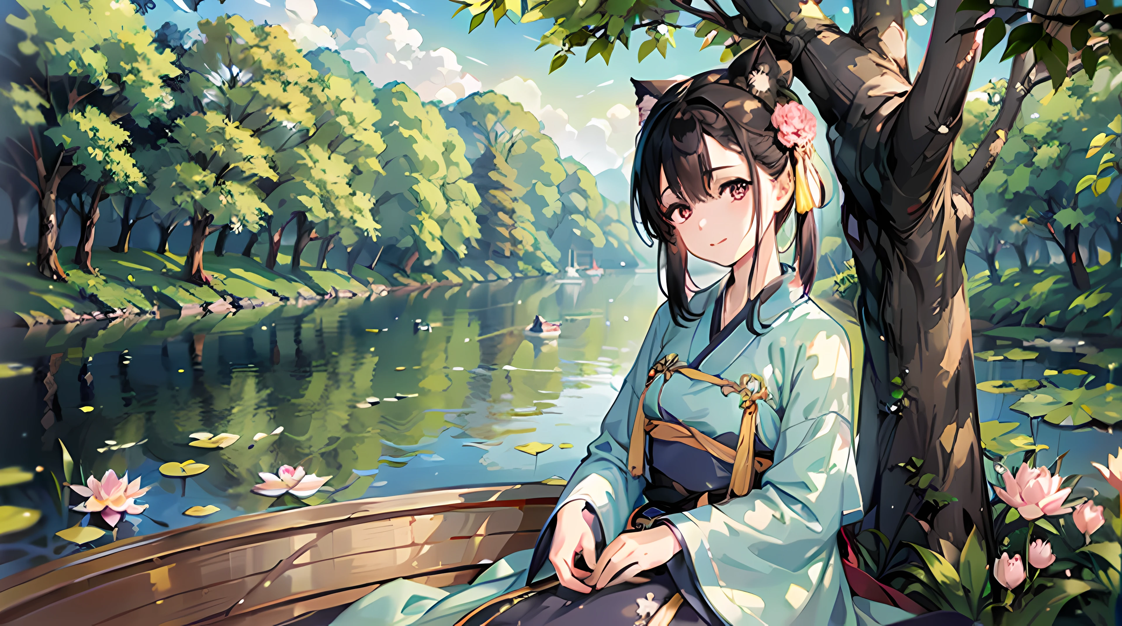twogirls，upper-body，Close up of，Hanfu，The tree，lotus flower，the boat，waters，yama，scenecy，skies，al fresco， 杰作， best qualitiy， 8K， rspective， deep of field， high resolusion， fine detailed， Ultra detailded， Sharp focus，