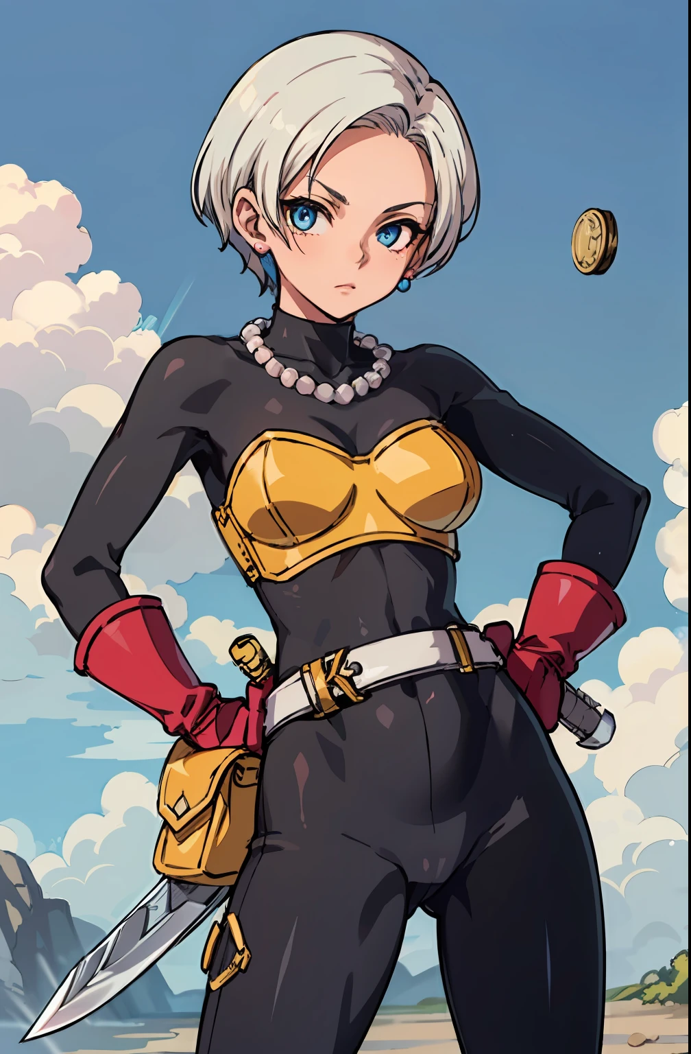 (masterpiece, best quality:1.1), thief (dq3), 1girl, solo, short hair, white hair, blue eyes, medium breasts, pink gloves, jewelry, pearl necklace, earrings, belt, sword, yellow breastplate, black bodysuit, bag, (coin, sword on hip:1.2), (blue skies, nature:1.2) bent over, presenting ass